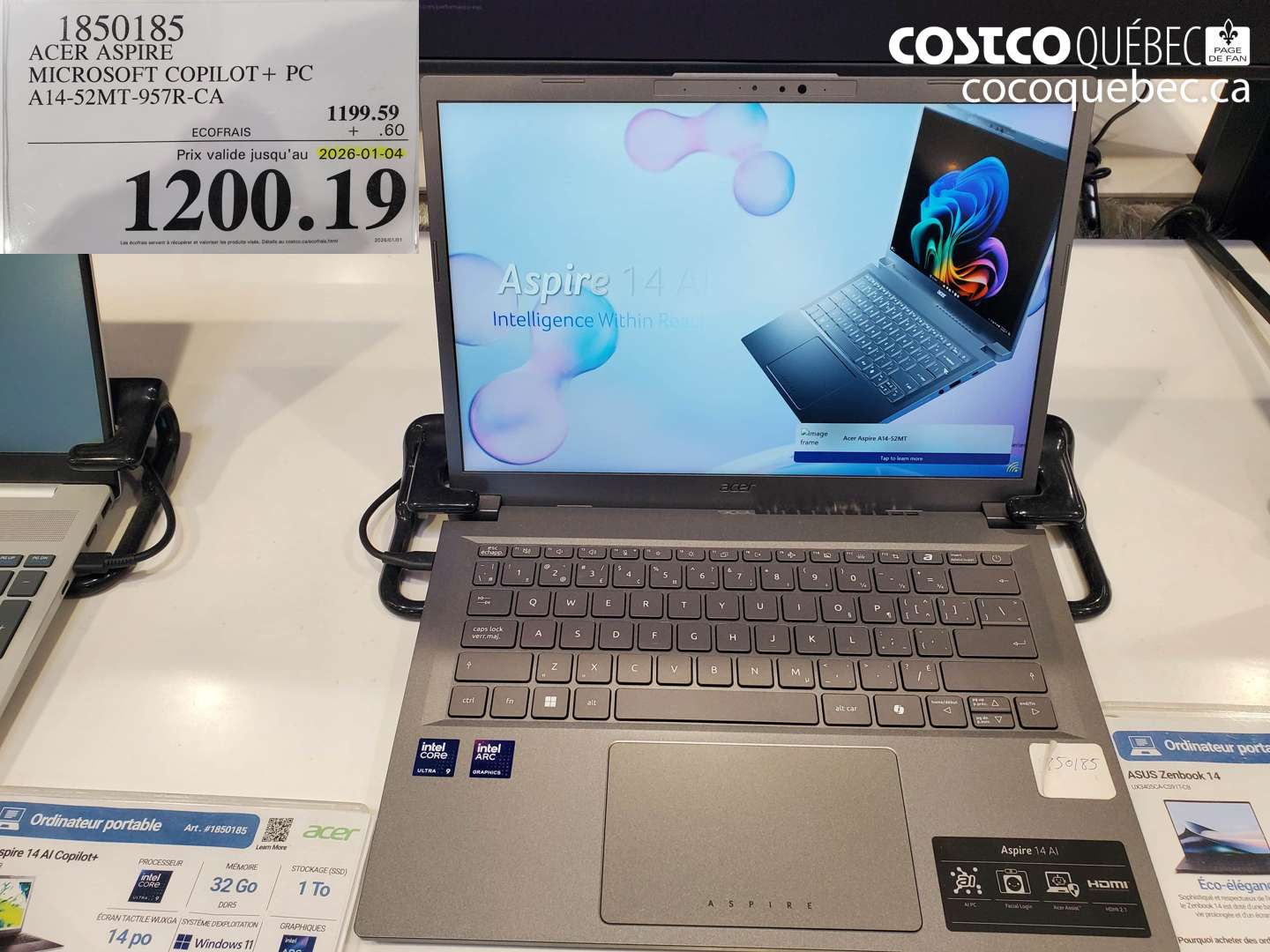 1850185 ACER ASPIRE MICROSOFT COPILOT + PC A14-52MT-957R-CA (EXPIRES ON 2026-01-04) $1200.19