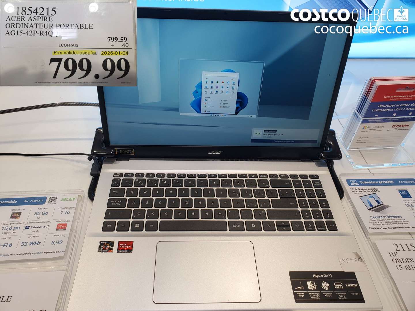 1854215 ACER ASPIRE ORDINATEUR PORTABLE AG15-42P-R4QQ (EXPIRES ON 2026-01-04) $799.99