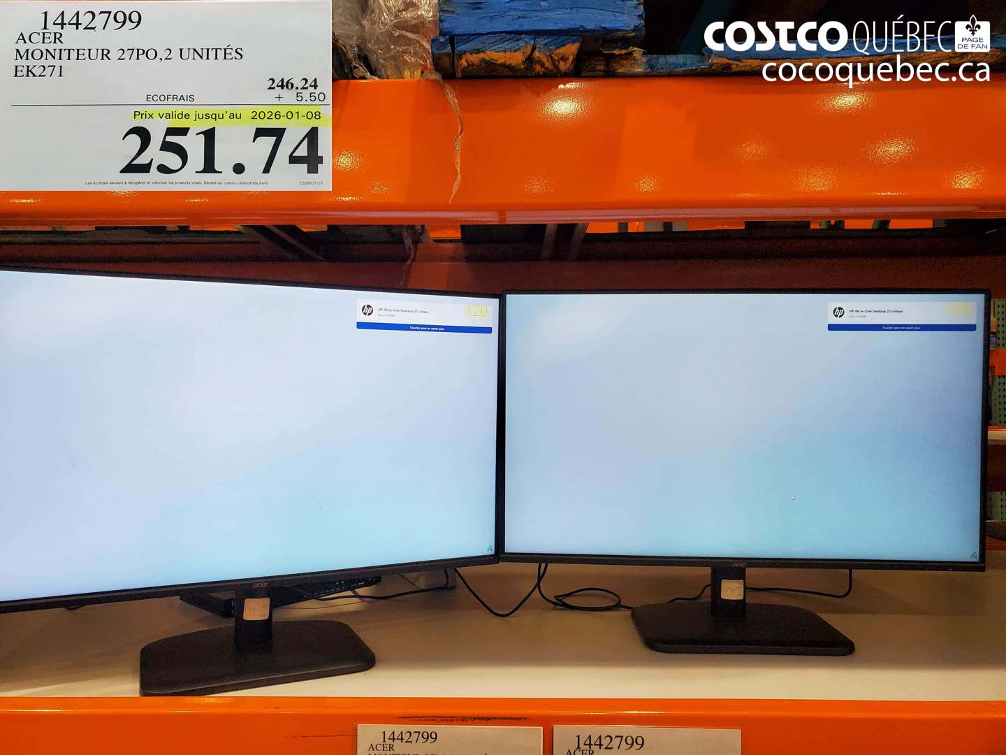 1442799 ACER MONITEUR 27PO,2 UNITÉS EK271 (EXPIRES ON 2026-01-08) $251.74
