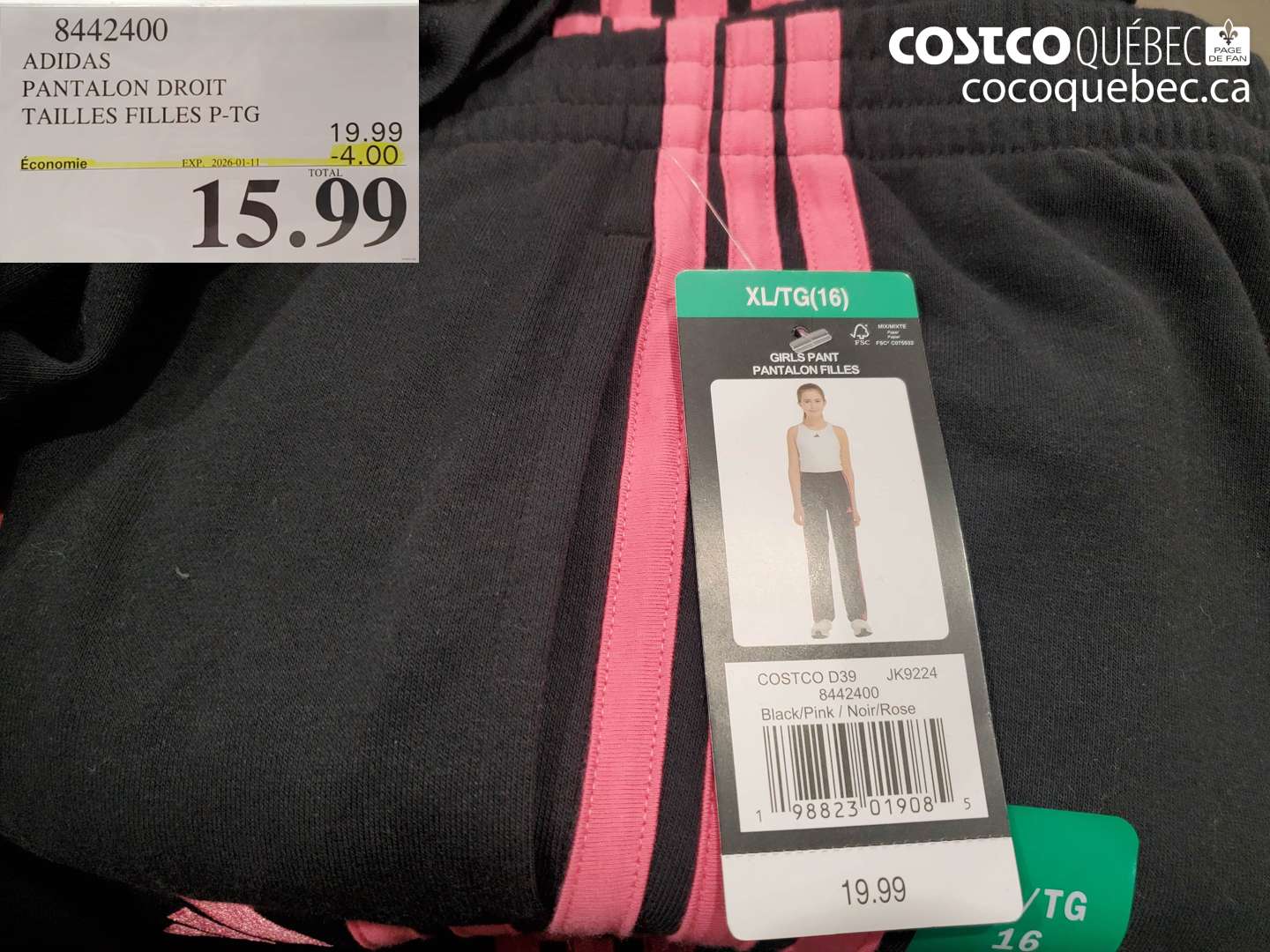 8442400 ADIDAS PANTALON DROIT TAILLES FILLES P-TG ($4.00 INSTANT SAVINGS EXPIRES ON 2026-01-11) $15.99