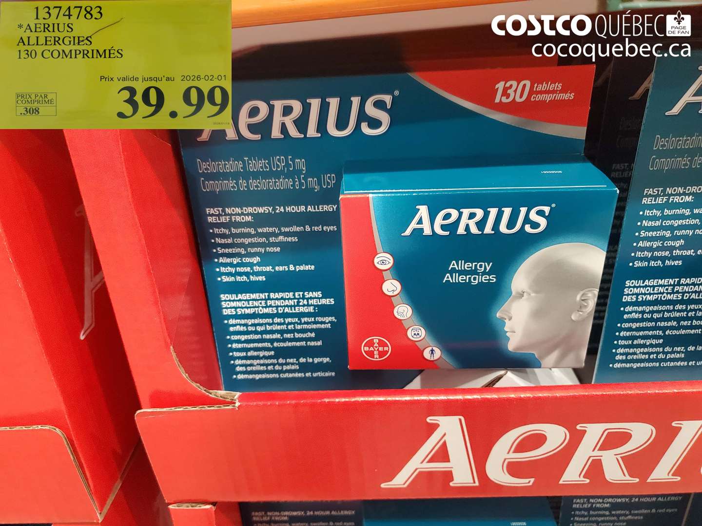 1374783 AERIUS ALLERGIES 130 COMPRIMES  (EXPIRES ON 2026-02-01) $39.99