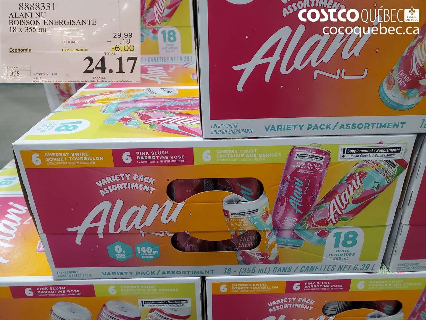 8888331 ALANI NU BOISSON ENERGISANTE 13 x 355 ml ($6.00 INSTANT SAVINGS EXPIRES ON 2026-01-18) $24.17