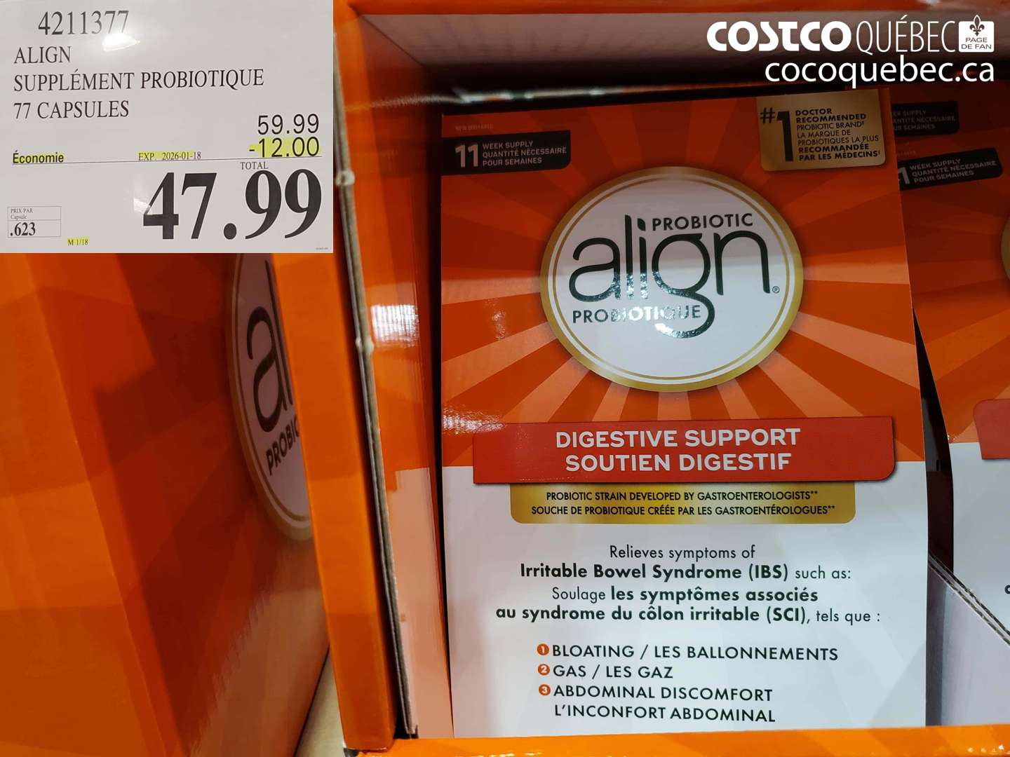 4211377 ALIGN SUPPLÉMENT PROBIOTIQUE 71 CAPSULES ($12.00 INSTANT SAVINGS EXPIRES ON 2026-01-18) $47.99