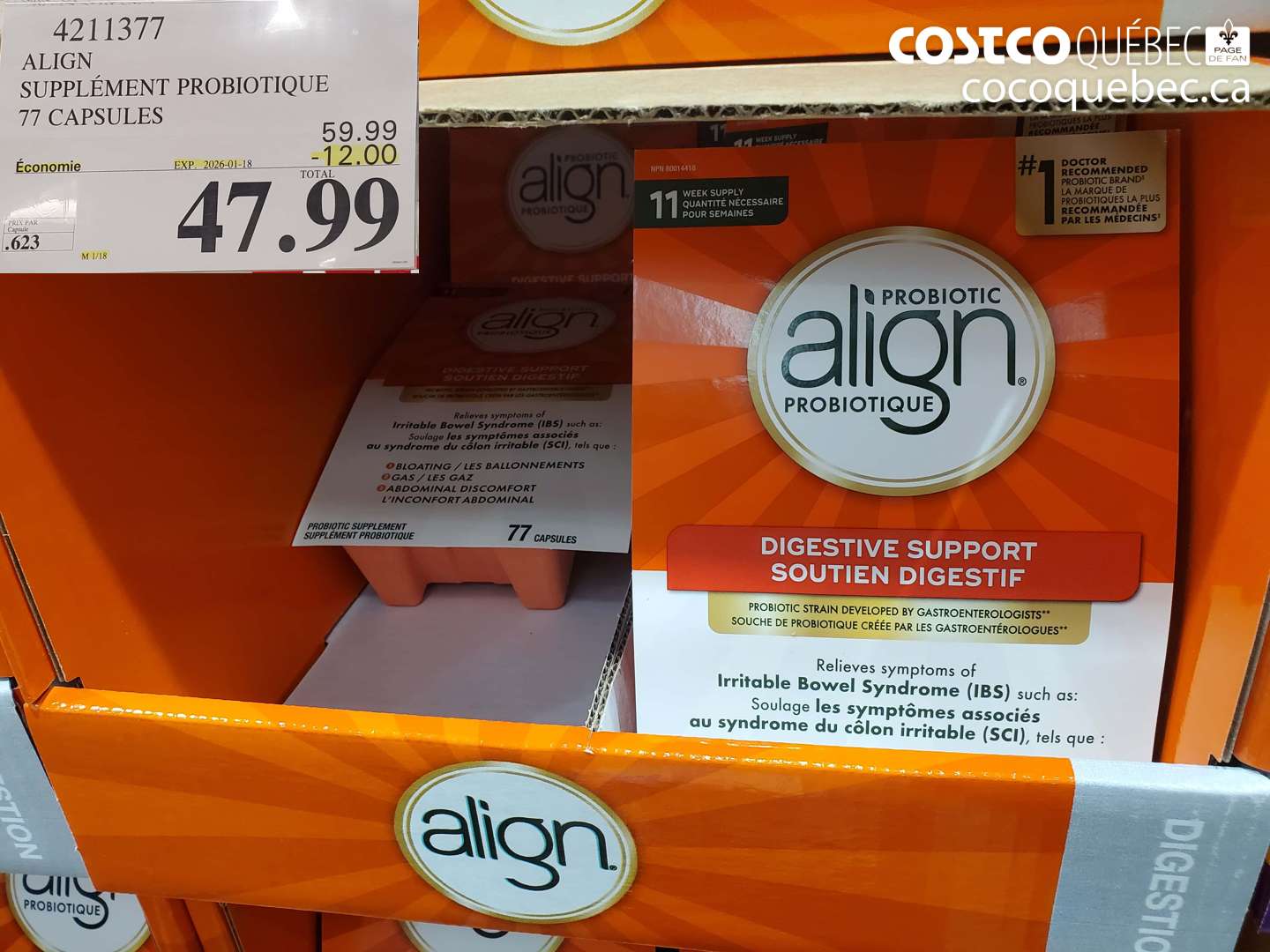 4211377 ALIGN SUPPLÉMENT PROBIOTIQUE 71 CAPSULES ($12.00 INSTANT SAVINGS EXPIRES ON 2026-01-18) $47.99