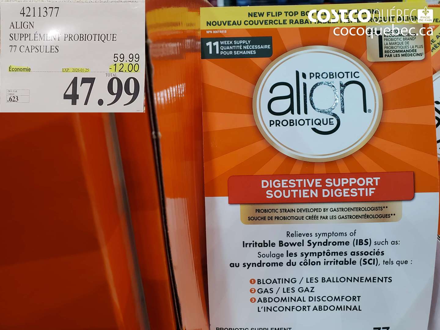 4211377 ALIGN SUPPLÉMENT PROBIOTIQUE 71 CAPSULES ($12.00 INSTANT SAVINGS EXPIRES ON 2026-01-25) $47.99