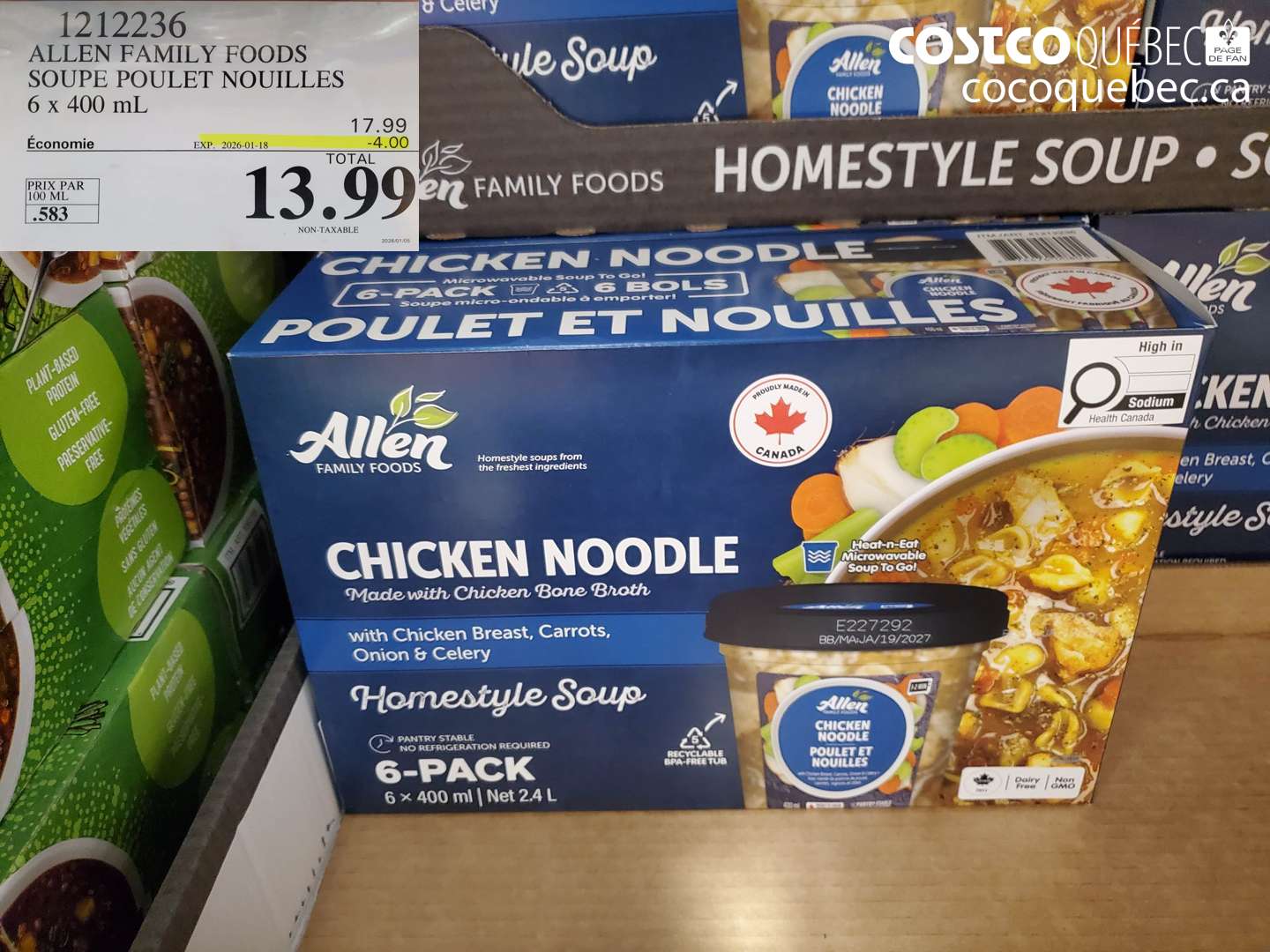 1212236 ALLEN FAMILY FOODS SOUPE POULET NOUILLES 6 x 400 mL  ($4.00 INSTANT SAVINGS EXPIRES ON 2026-01-18) $13.99