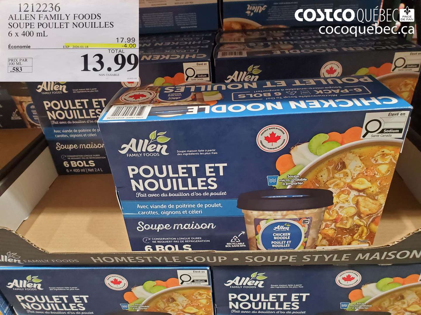 1212236 ALLEN FAMILY FOODS SOUPE POULET NOUILLES 6 x 400 mL  ($4.00 INSTANT SAVINGS EXPIRES ON 2026-01-18) $13.99
