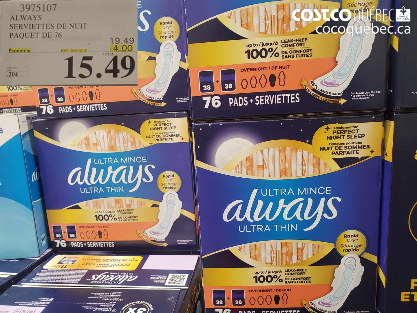 3975107 ALWAYS SERVIETTES DE NUIT PAQUET DE 76  ($4.00 INSTANT SAVINGS EXPIRES ON 2026-02-15) $15.49