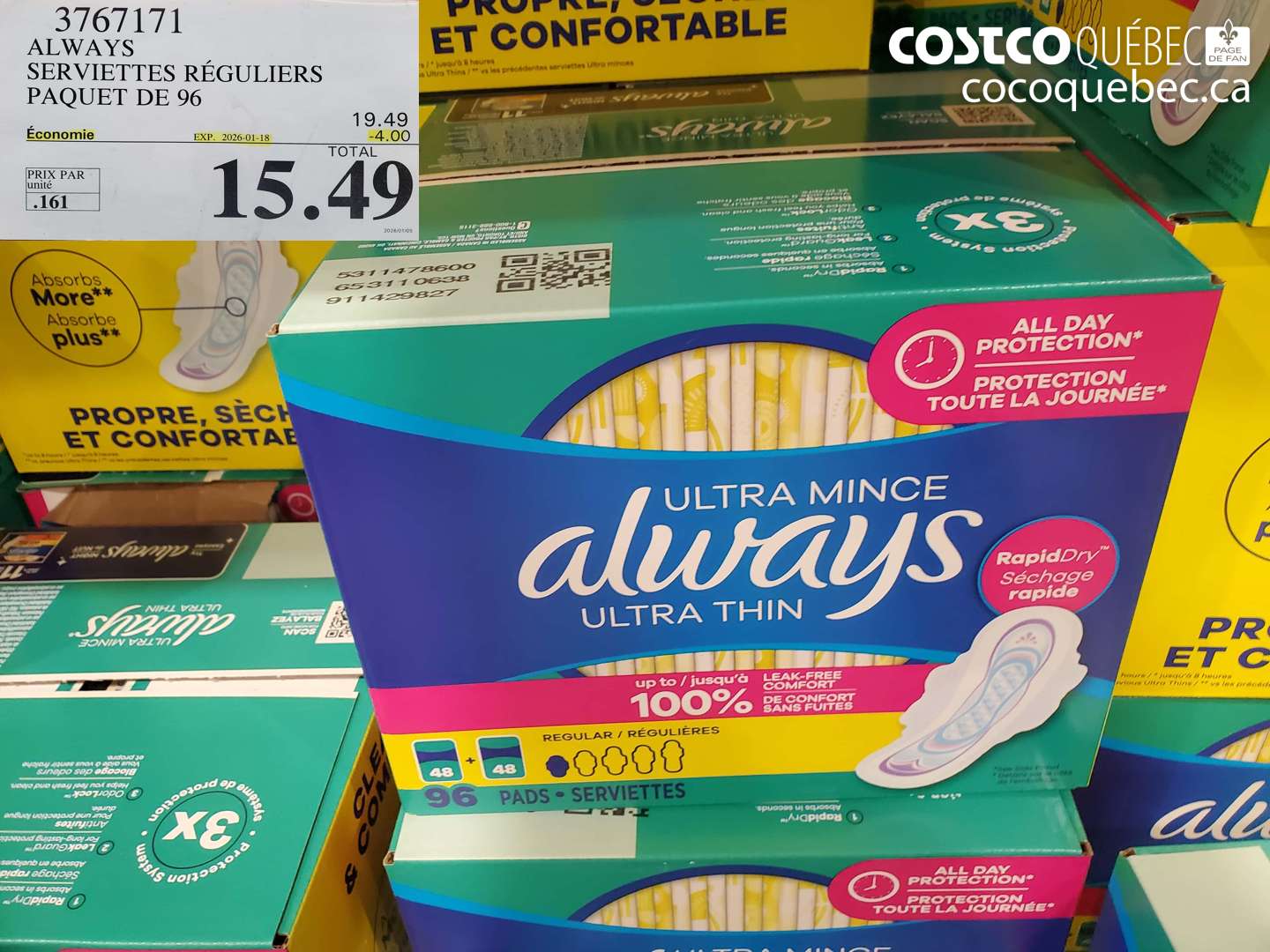 3767171 ALWAYS SERVIETTES REGULIERS PAQUET DE 96  ($4.00 INSTANT SAVINGS EXPIRES ON 2026-01-18) $15.49