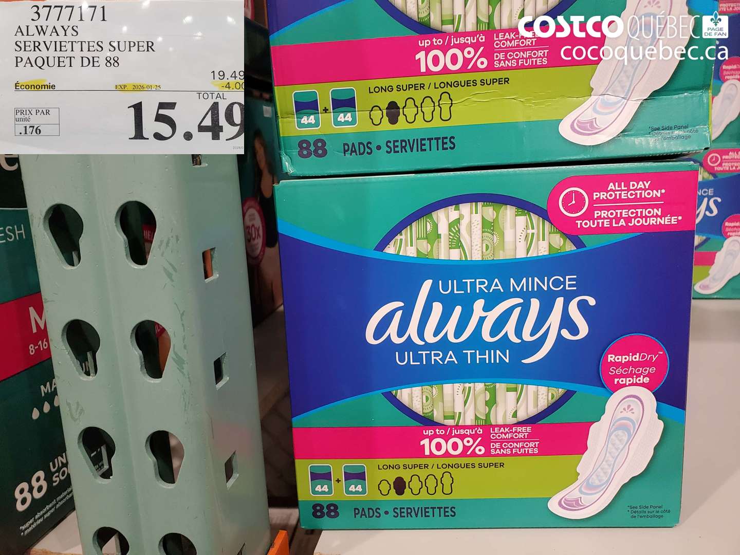 3777171 ALWAYS SERVIETTES SUPER PAQUET DE 88 ($4.00 INSTANT SAVINGS EXPIRES ON 2026-01-25) $15.49