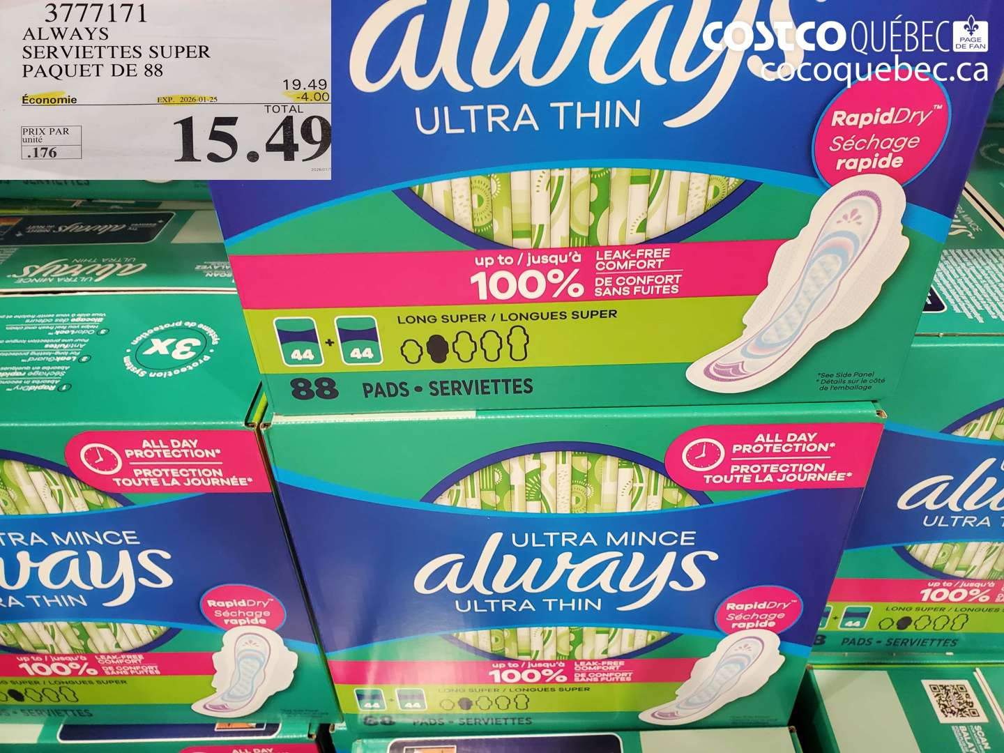 3777171 ALWAYS SERVIETTES SUPER PAQUET DE 88 ($4.00 INSTANT SAVINGS EXPIRES ON 2026-01-25) $15.49