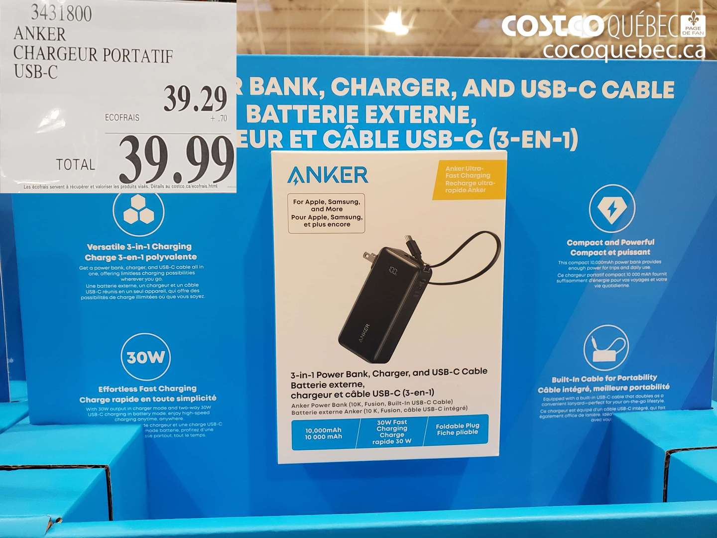 3431800 ANKER CHARGEUR PORTATIF USB-C $39.99