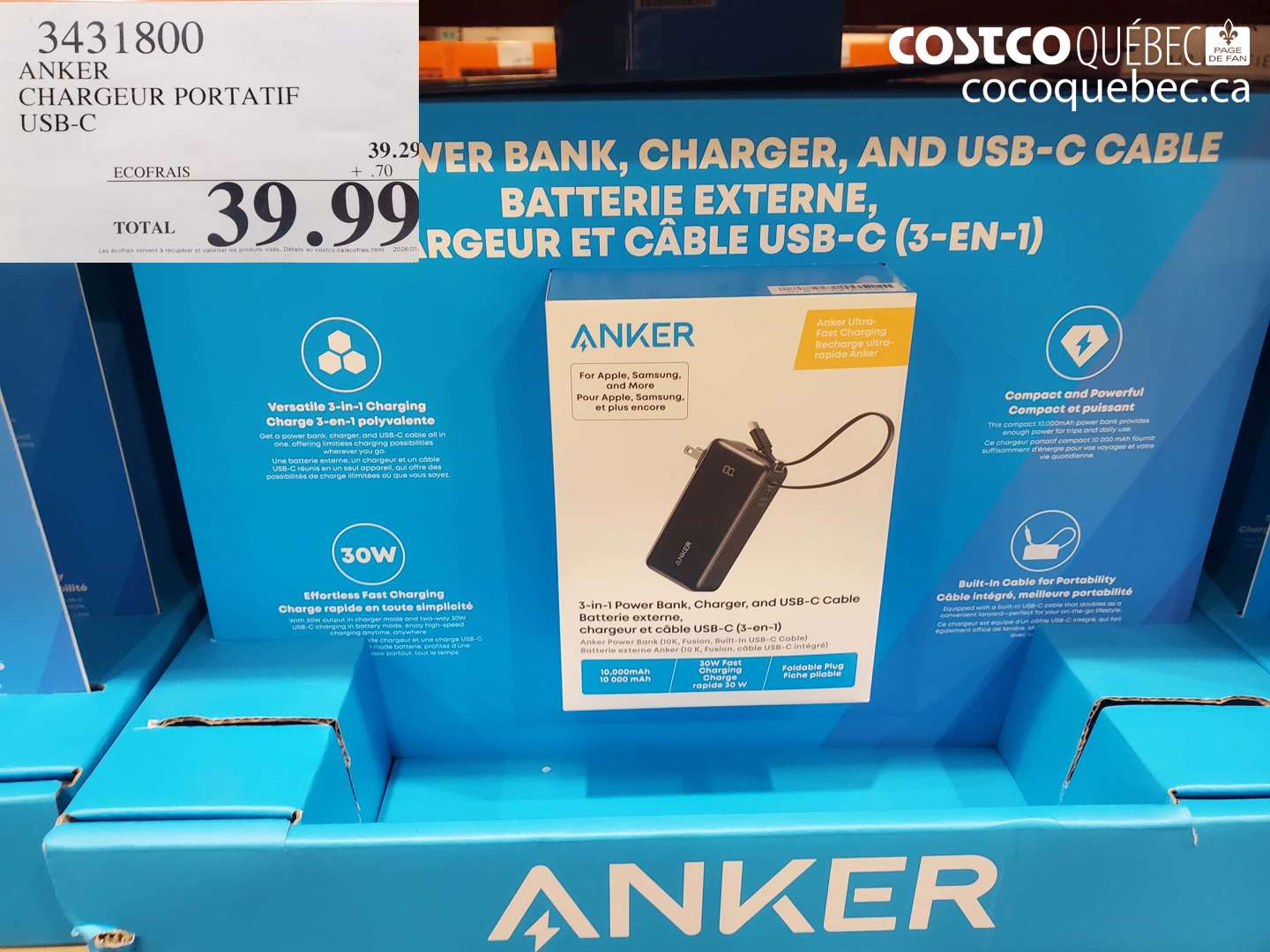 3431800 ANKER CHARGEUR PORTATIF USB-C $39.99