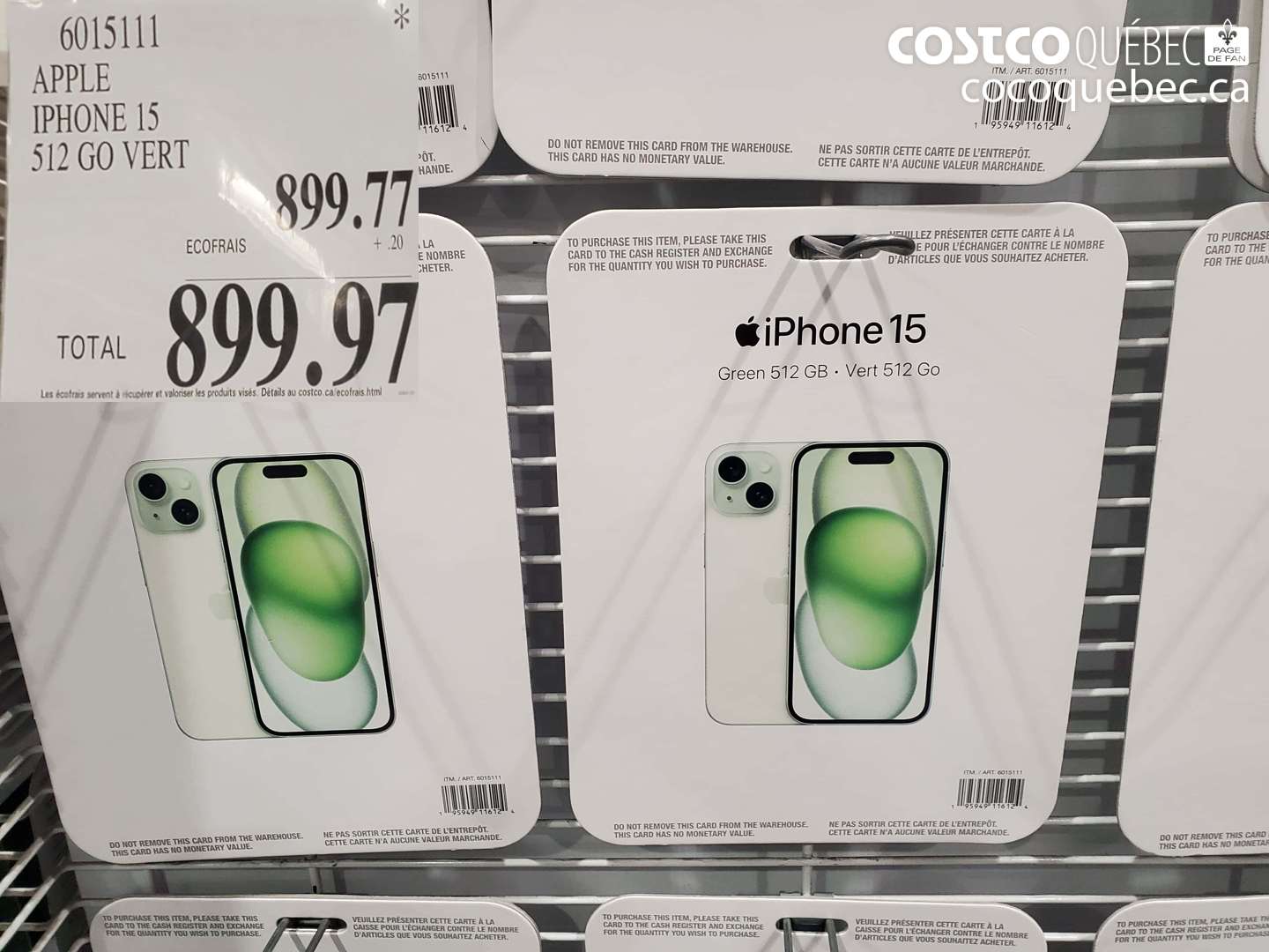 6015111 APPLE IPHONE 15 512 GO VERT $899.97
