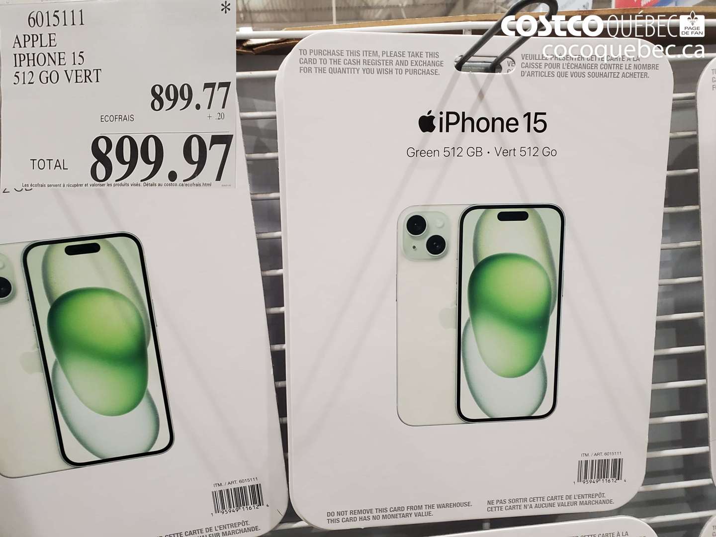 6015111 APPLE IPHONE 15 512 GO VERT $899.97