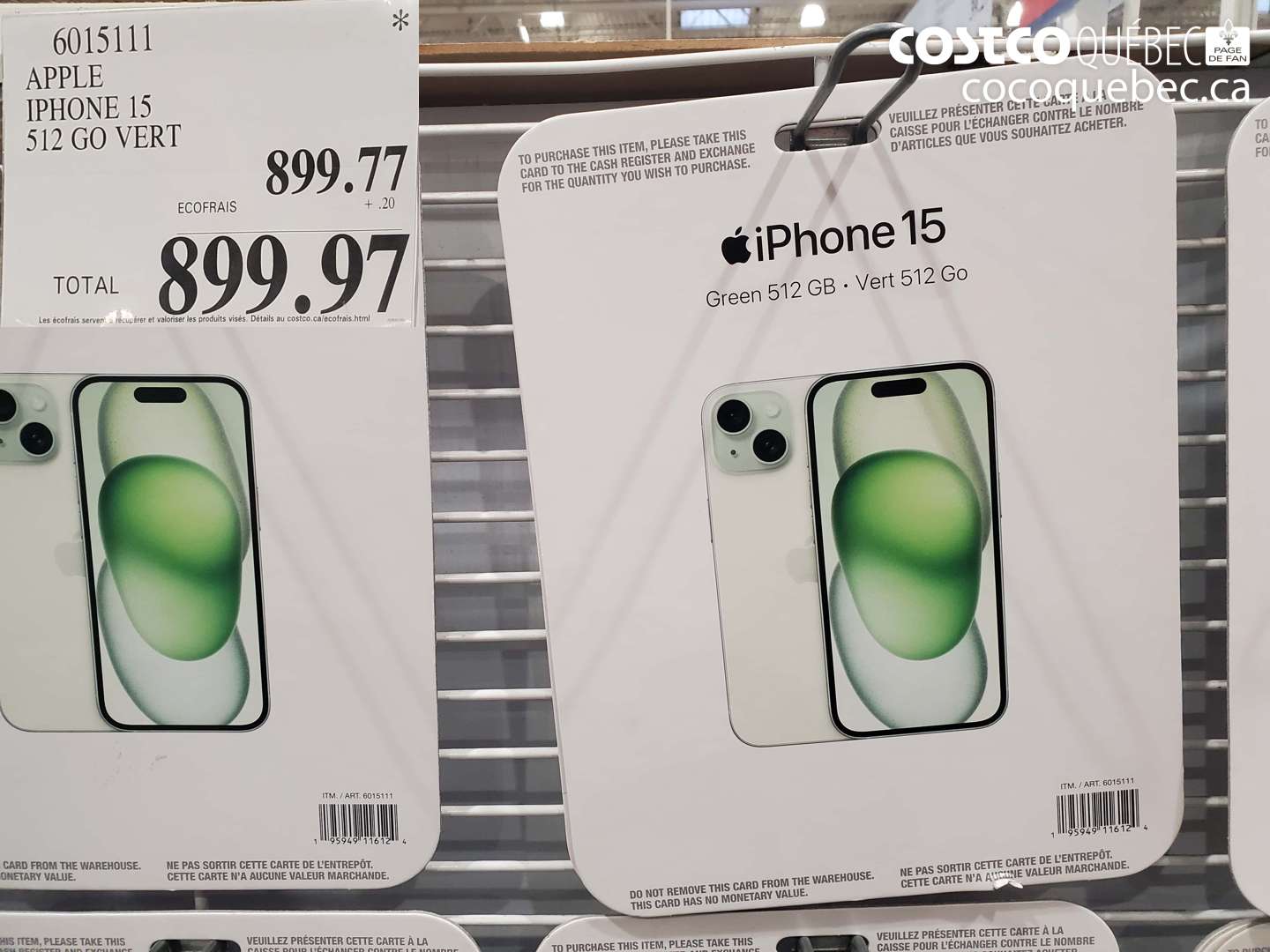 6015111 APPLE IPHONE 15 512 GO VERT $899.97
