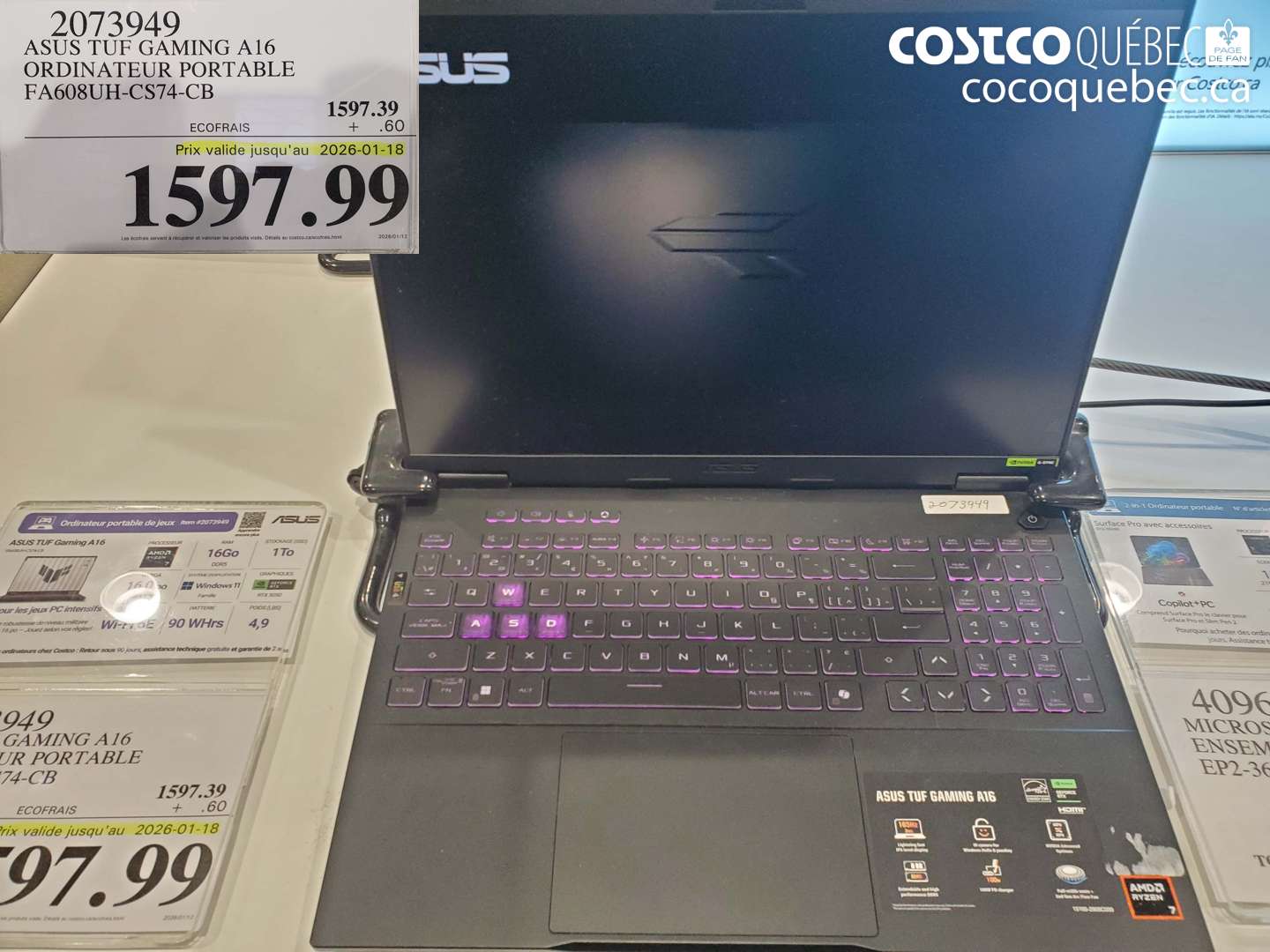 2073949 ASUS TUF GAMING A16 ORDINATEUR PORTABLE FA608UH-CS74-CB (EXPIRES ON 2026-01-18) $1597.99