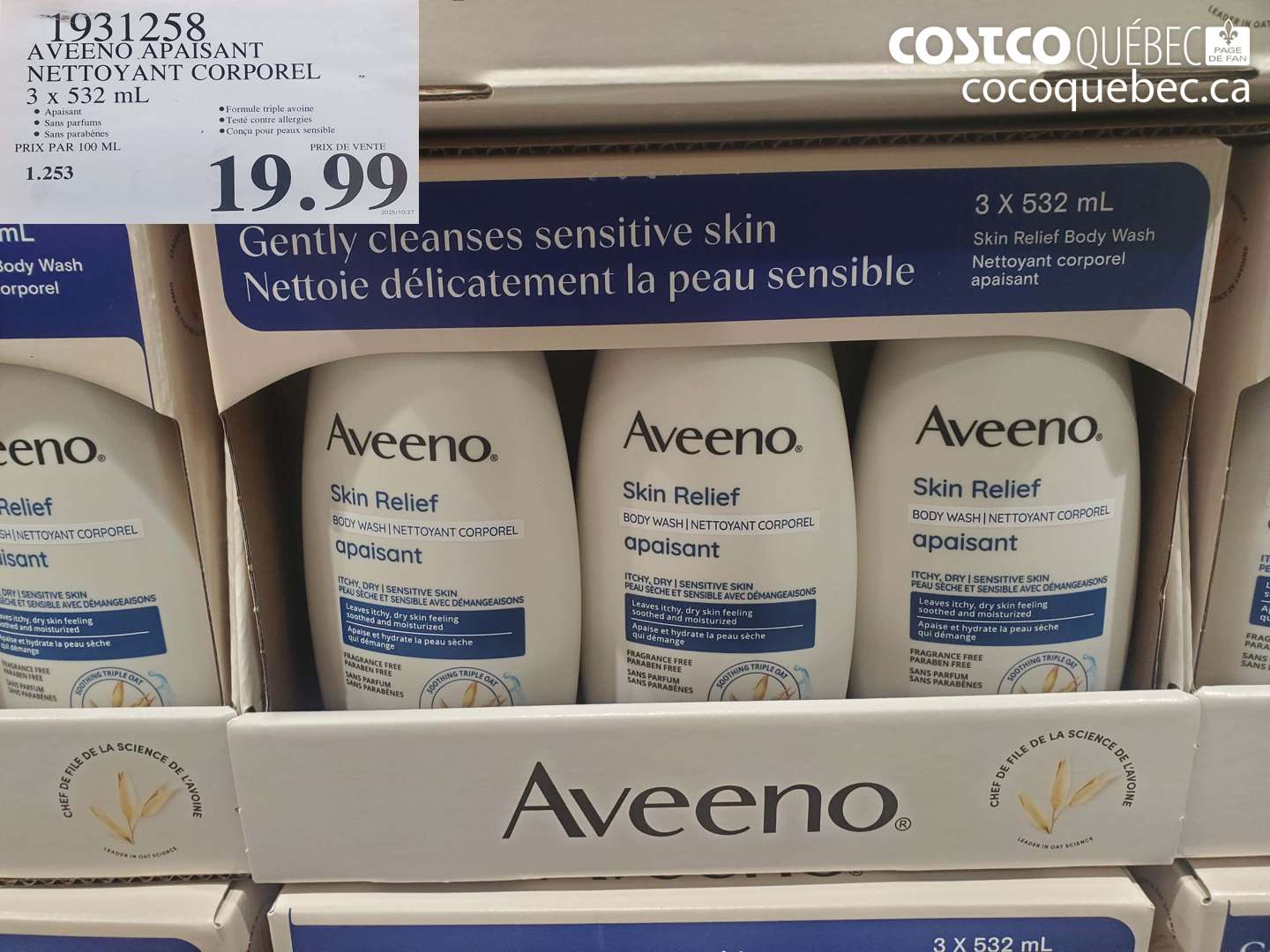 1931258 AVEENO APAISANT NETTOYANT CORPOREL 3 x 532 ml $19.99
