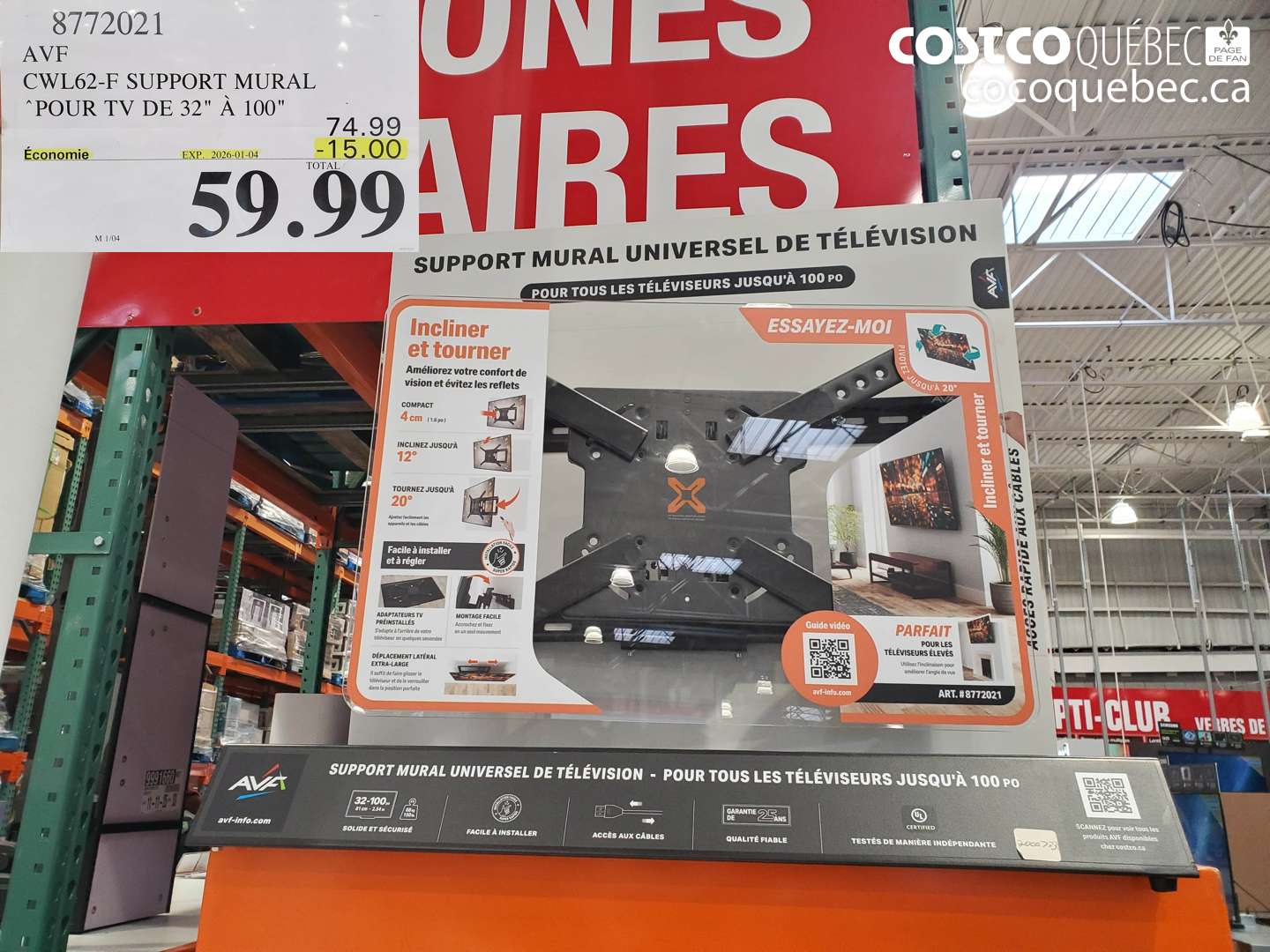 8772021 AVF CWL62-F SUPPORT MURAL POUR TV DE 32 À 100 ($15.00 INSTANT SAVINGS EXPIRES ON 2026-01-04) $59.99