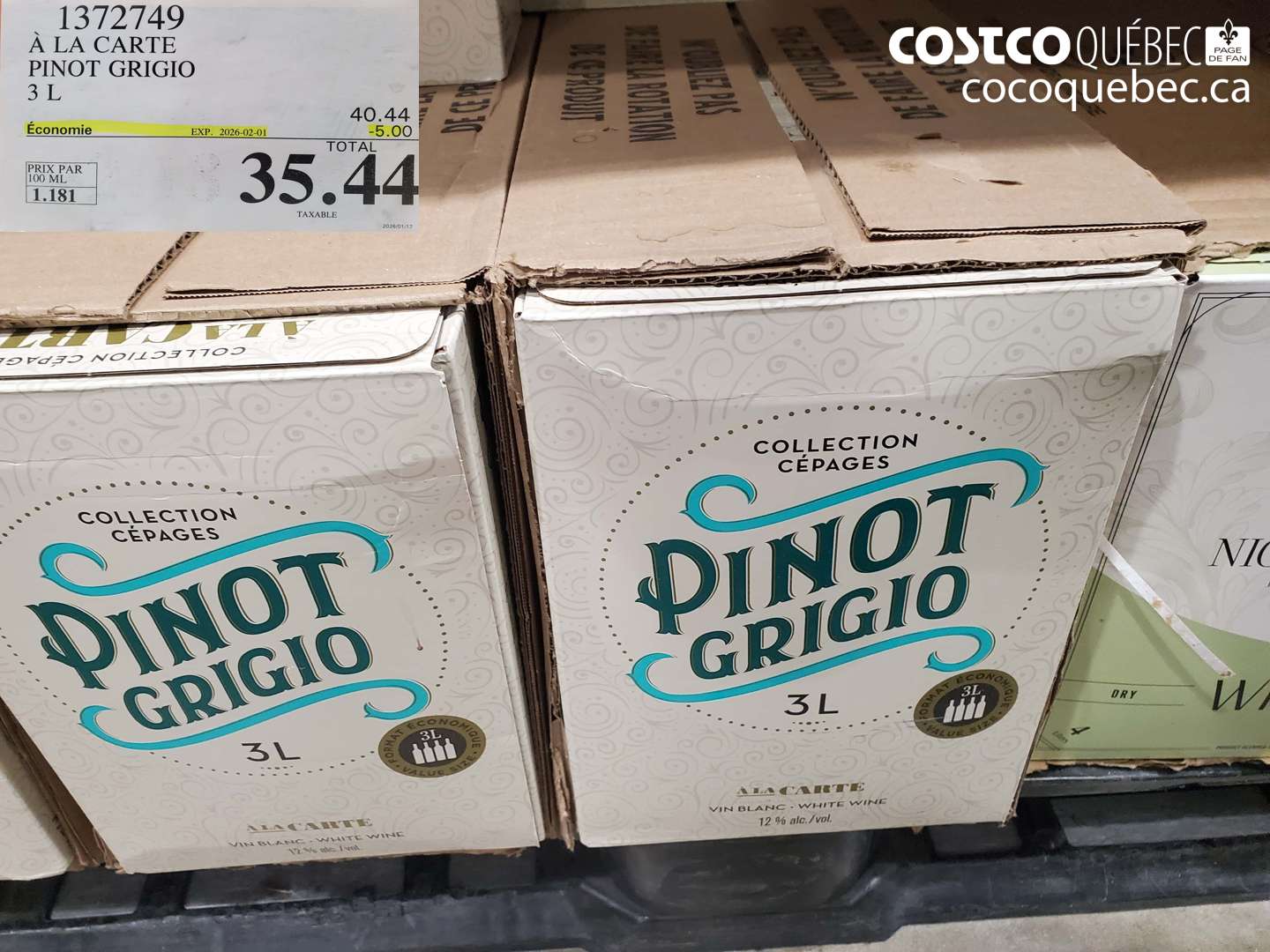 1372749 À LA CARTE PINOT GRIGIO 3 L ($5.00 INSTANT SAVINGS EXPIRES ON 2026-02-01) $35.44