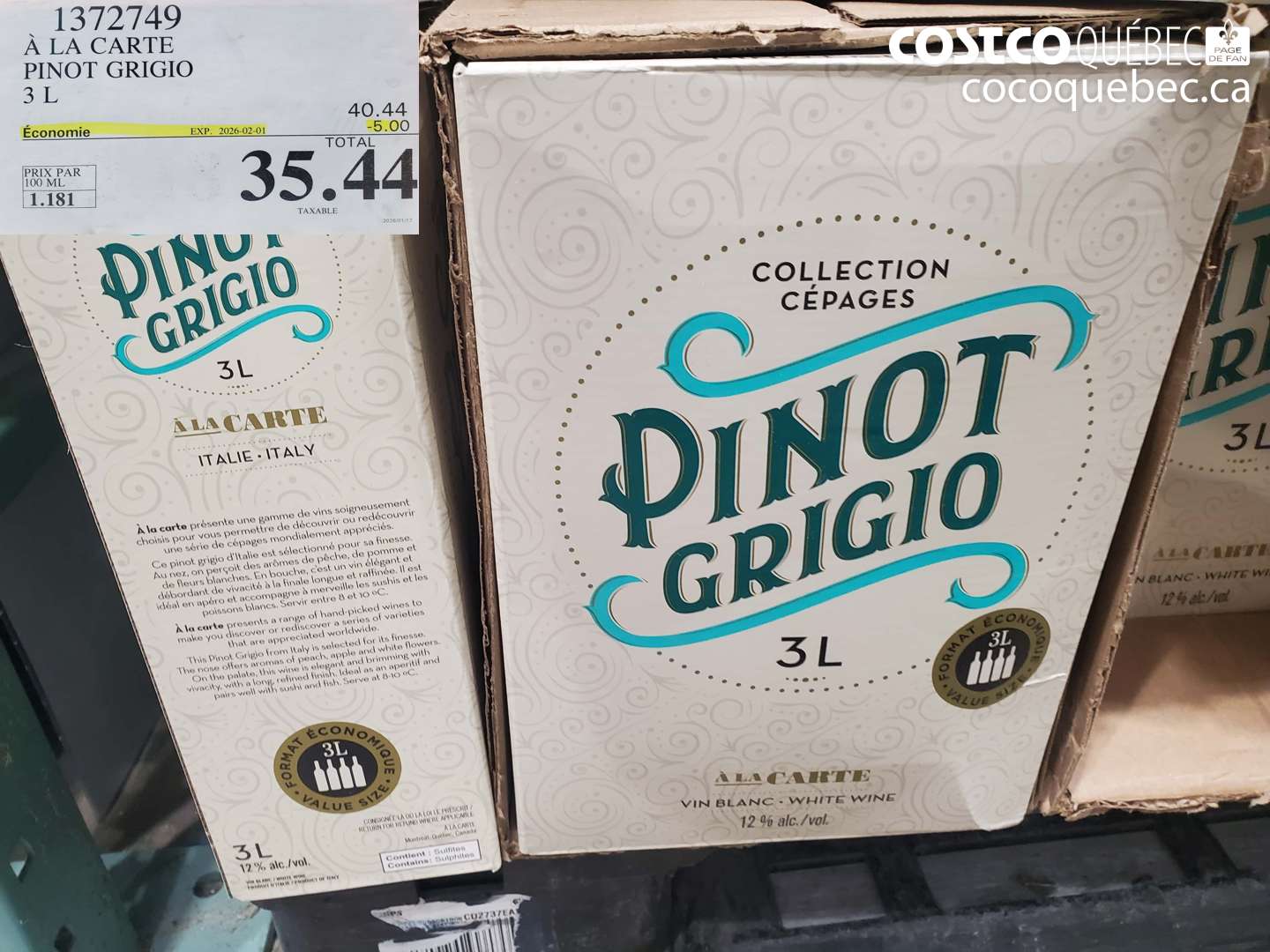 1372749 À LA CARTE PINOT GRIGIO 3 L ($5.00 INSTANT SAVINGS EXPIRES ON 2026-02-01) $35.44