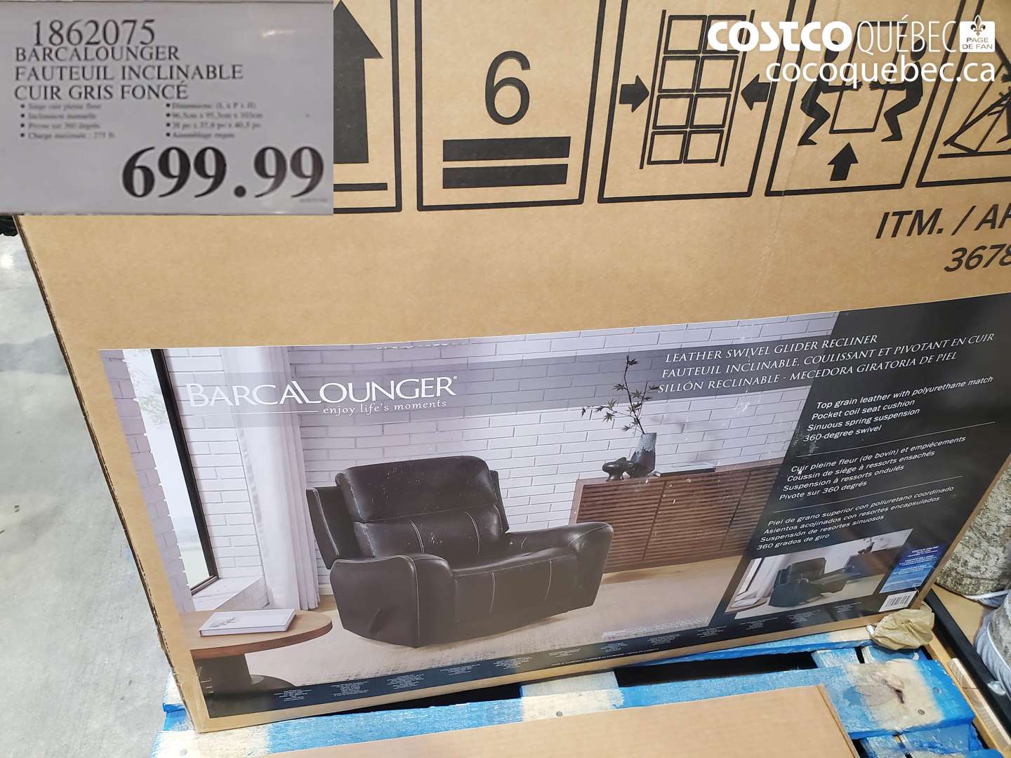 1862075 BARCALOUNGER FAUTEUIL INCLINABLE CUIR GRIS FONCE $699.99