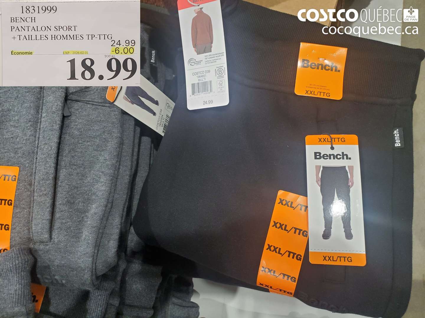 1831999 BENCH PANTALON SPORT + TAILLES HOMMES TP-TG ($6.00 INSTANT SAVINGS EXPIRES ON 2025-02-01) $18.99