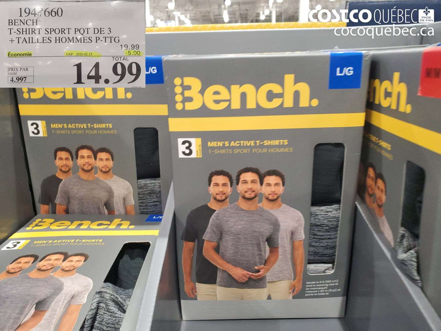 1947660 BENCH T-SHIRT SPORT PQT DE 3 +TAILLES HOMMES P-TTG ($5.00 INSTANT SAVINGS EXPIRES ON 2026-02-15) $14.99