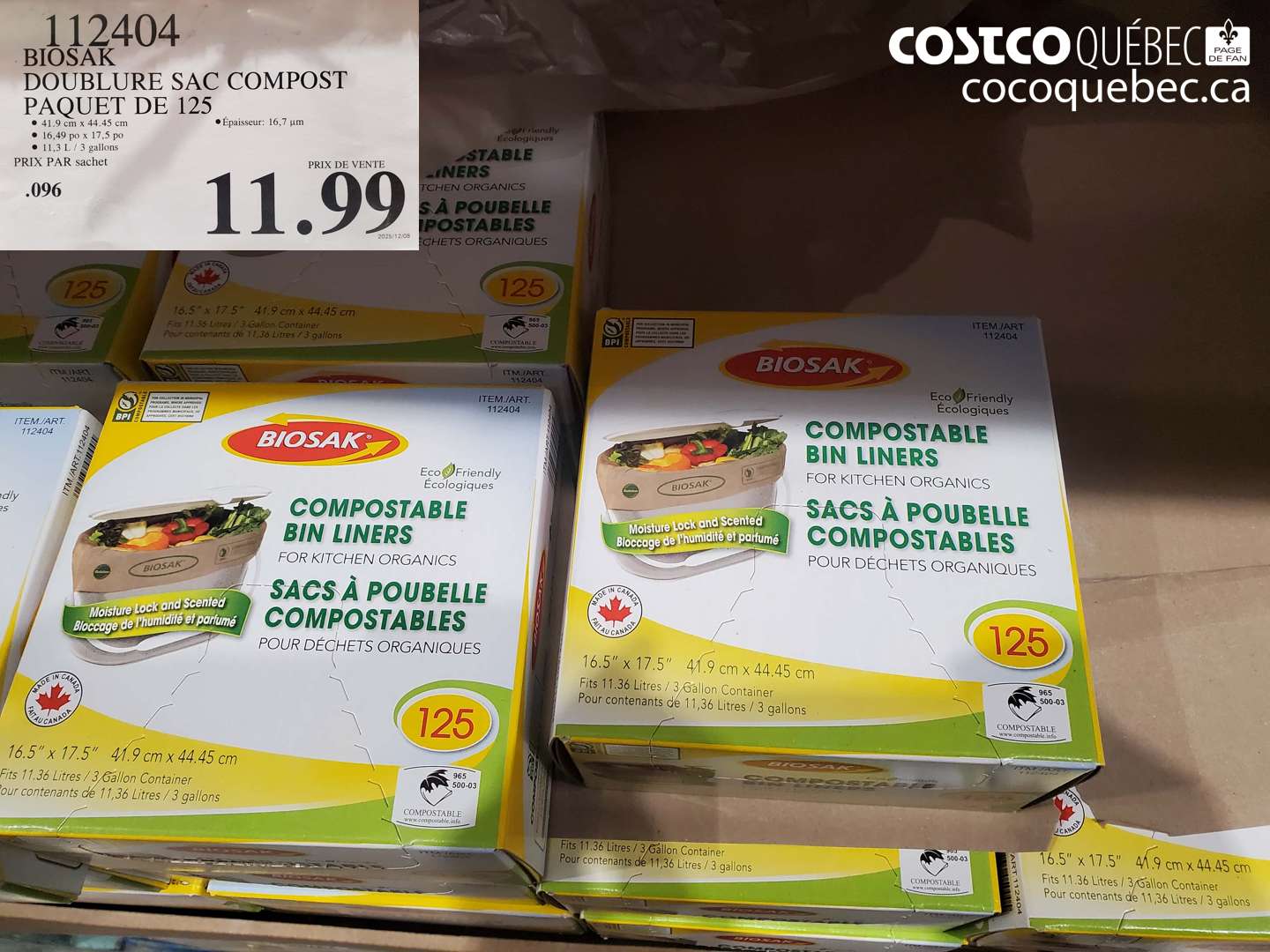 112404 BIOSAK DOUBLURE SAC COMPOST PAQUET DE 125 $11.99