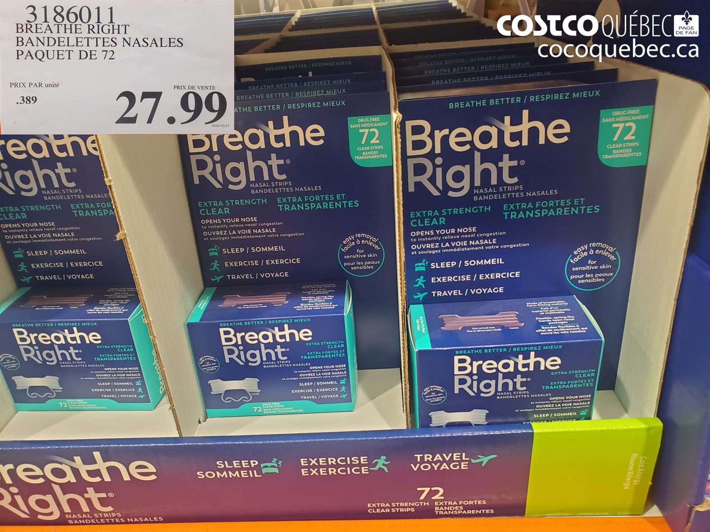 3186011 BREATHE RIGHT BANDELETTES NASALES PAQUET DE 72 $27.99