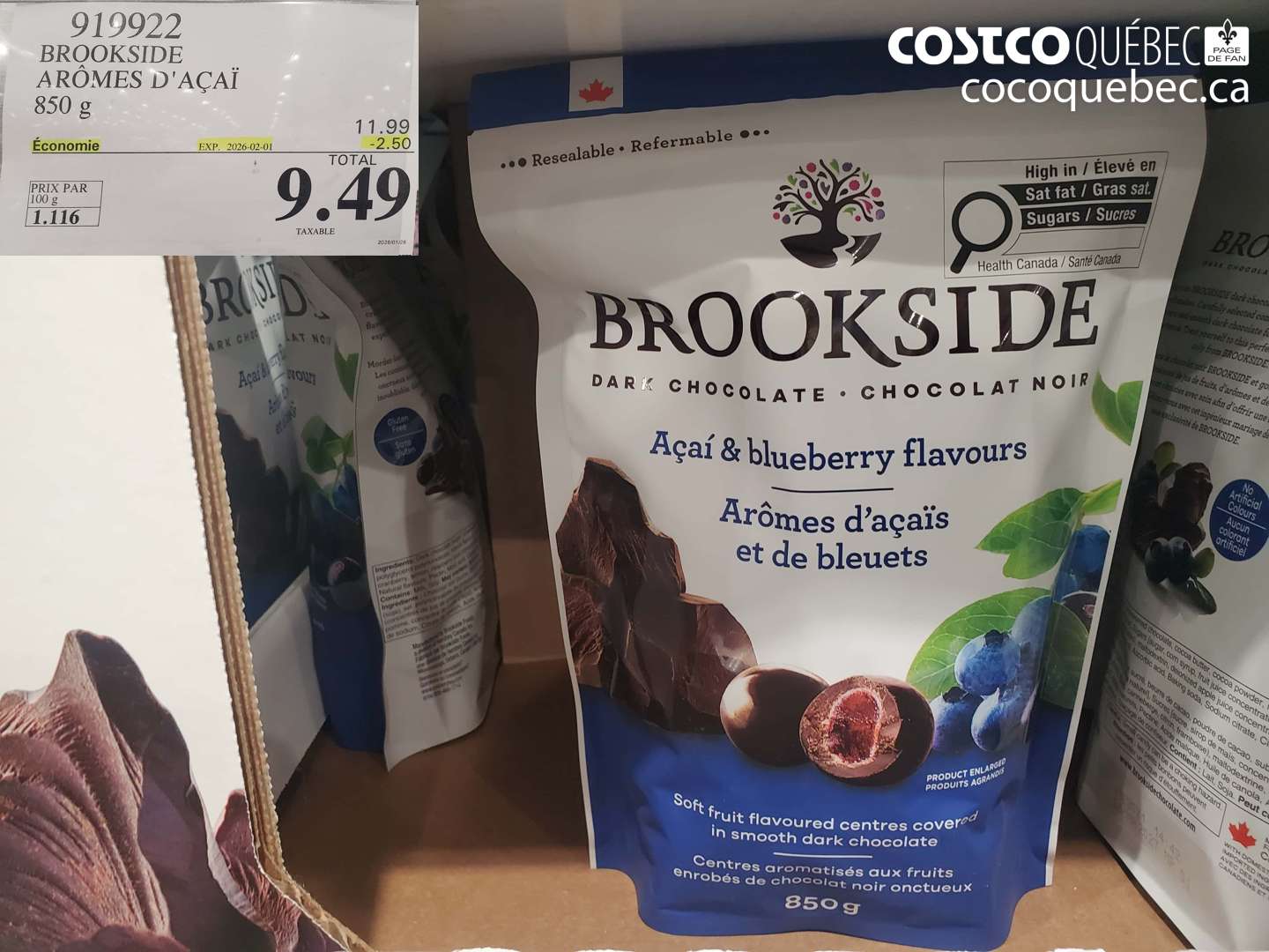 919922 BROOKSIDE ARÔMES D'ACAÏ 850 g ($2.50 INSTANT SAVINGS EXPIRES ON 2026-02-01) $9.49