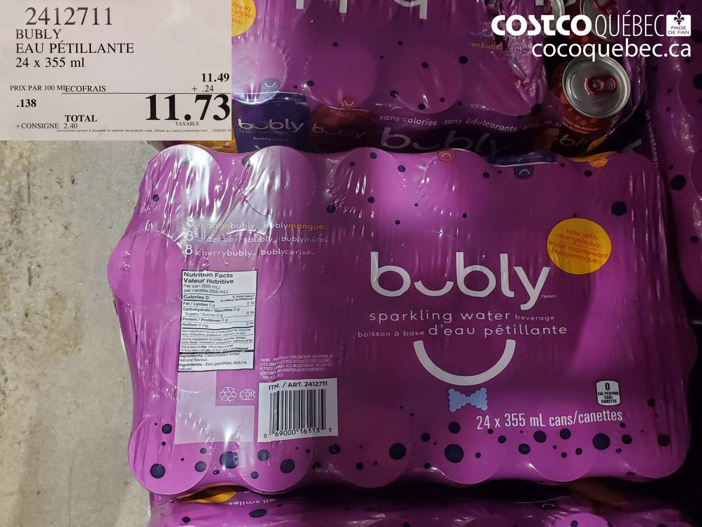 2412711 BUBLY EAU PÉTILLANTE 24 x 355 ml $11.73