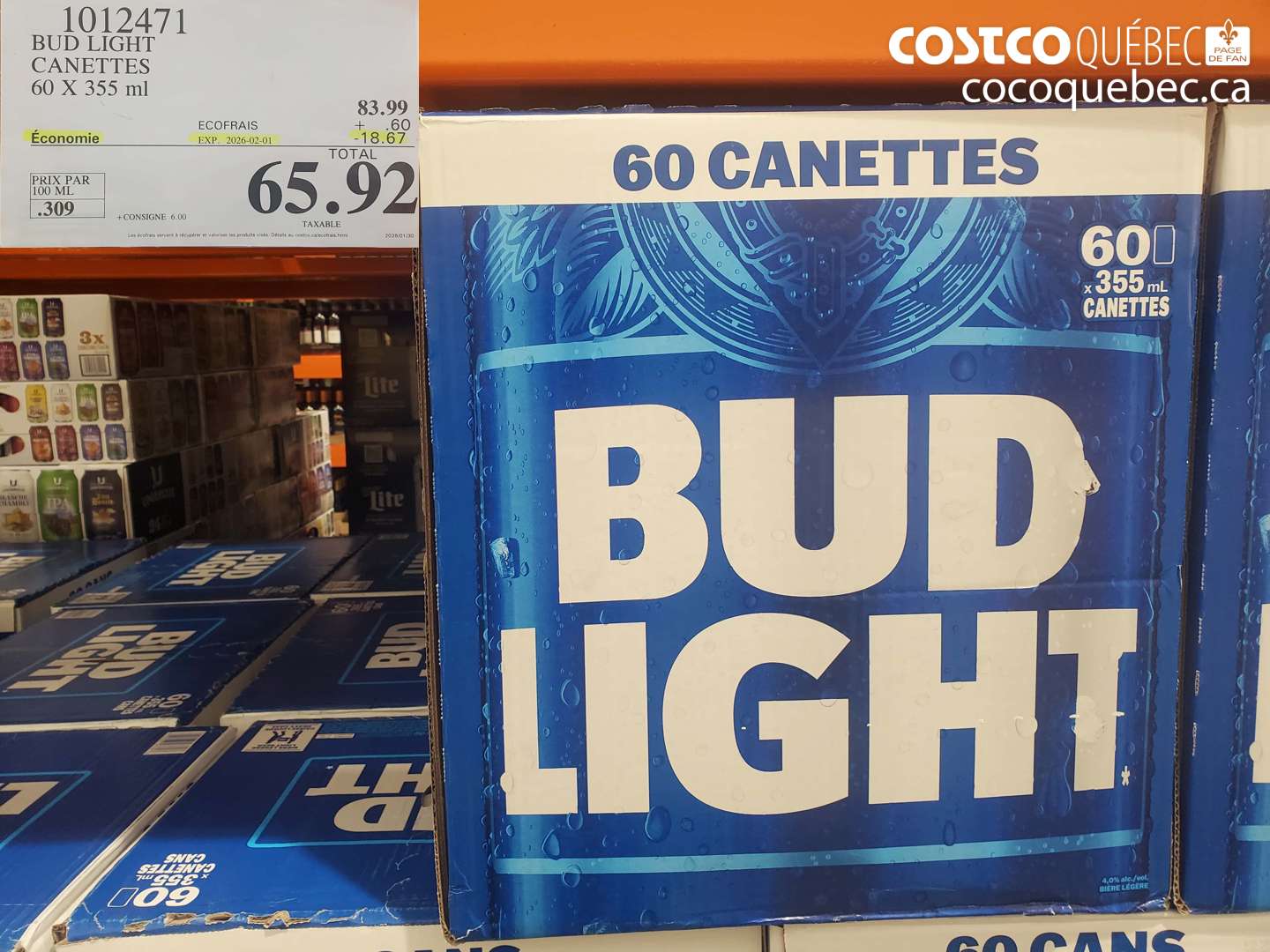 1012471 BUD LIGHT CANETTES 60 X 355 ml ($18.67 INSTANT SAVINGS EXPIRES ON 2026-02-01) $65.92