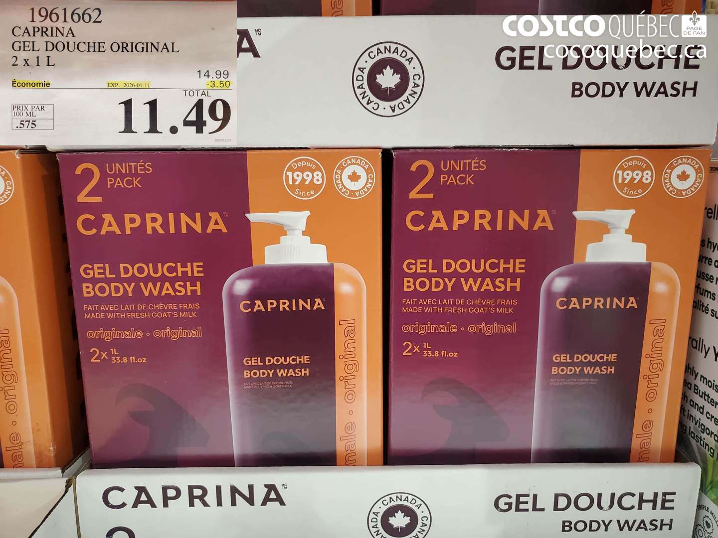 1961662 CAPRINA GEL DOUCHE ORIGINAL 2 x 1L ($3.50 INSTANT SAVINGS EXPIRES ON 2026-01-11) $11.49