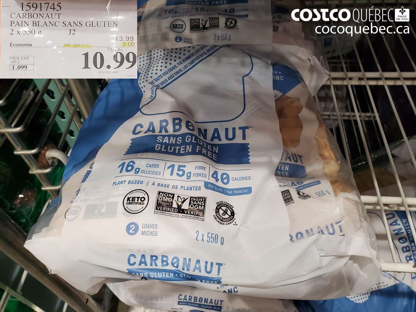 1591745 CARBONAUT PAIN BLANC SANS GLUTEN 2 x 350 g ($3.00 INSTANT SAVINGS EXPIRES ON 2026-01-11) $10.99