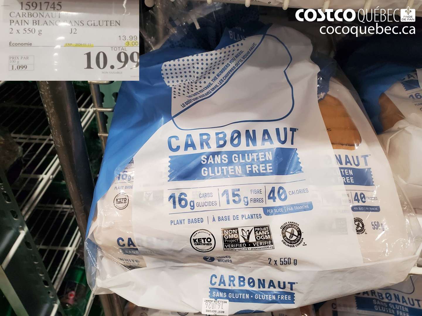 1591745 CARBONAUT PAIN BLANC SANS GLUTEN 2 x 350 g ($3.00 INSTANT SAVINGS EXPIRES ON 2026-01-11) $10.99