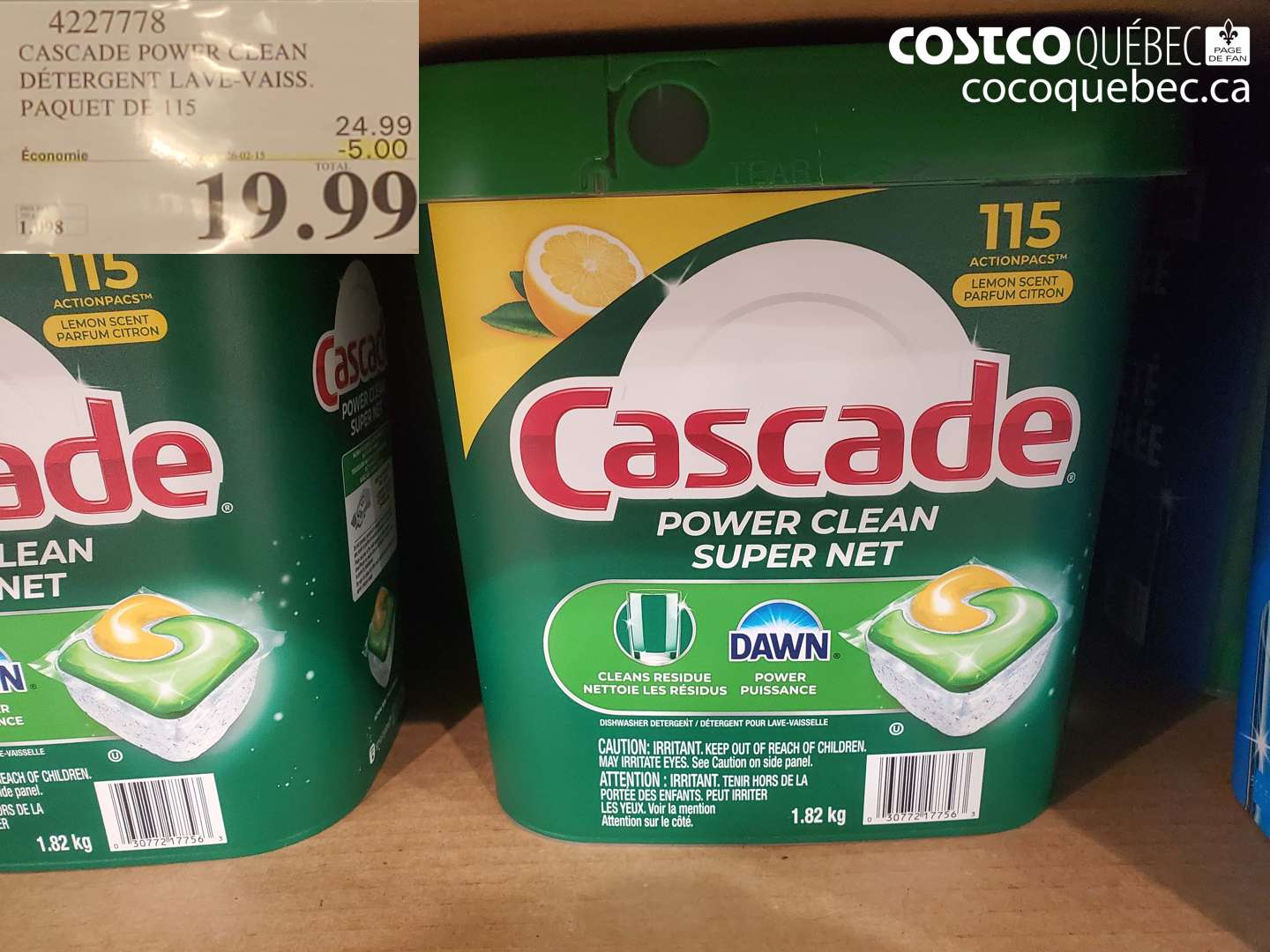4227778 CASCADE POWER CLEAN DÉTERGENT LAVE-VAISS. PAQUET DE 115 ($5.00 INSTANT SAVINGS EXPIRES ON 2026-02-15) $19.99