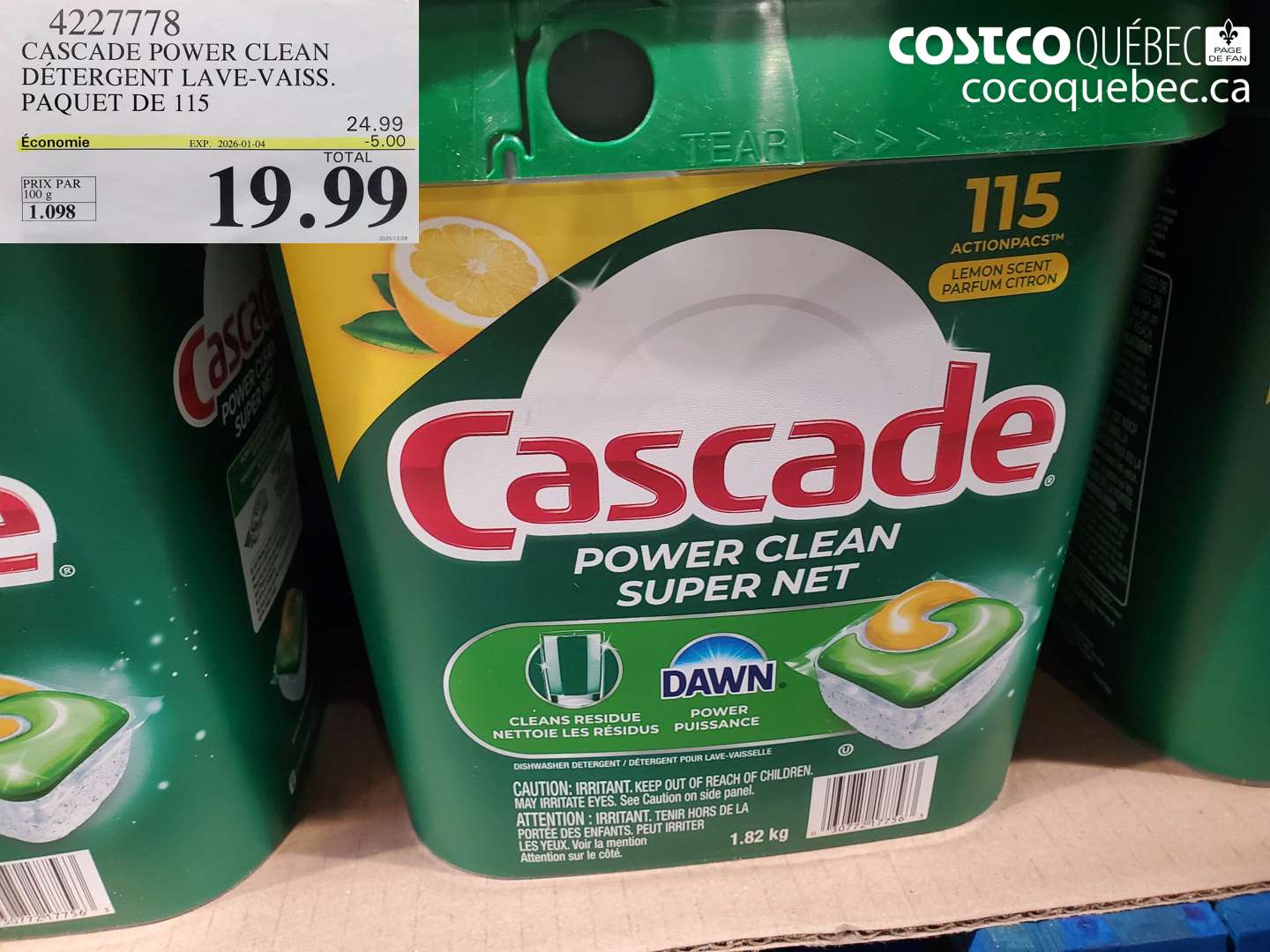 4227778 CASCADE POWER CLEAN DÉTERGENT LAVE-VAIS. PAQUET DE 115 ($5.00 INSTANT SAVINGS EXPIRES ON 2026-01-04) $19.99