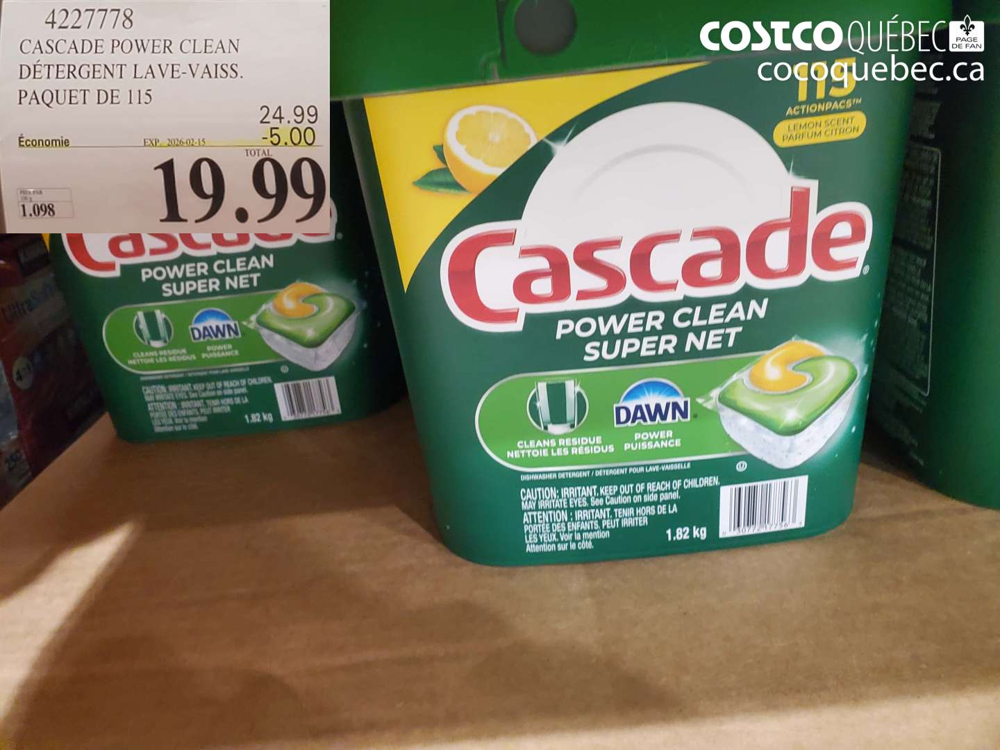 4227778 CASCADE POWER CLEAN DÉTERGENT LAVE-VAIS. PAQUET DE 115 ($5.00 INSTANT SAVINGS EXPIRES ON 2026-02-15) $19.99