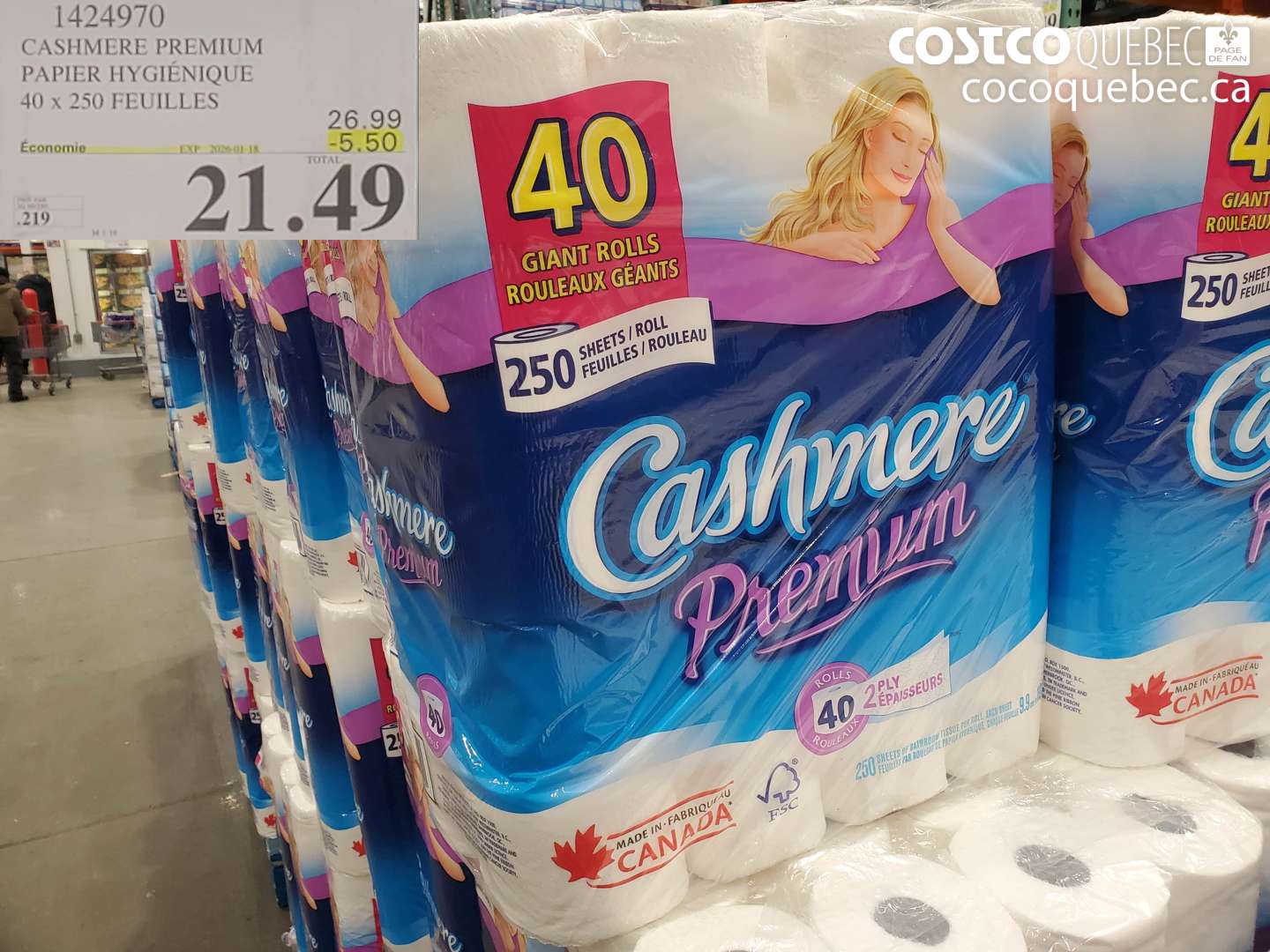 1424970 CASHMERE PREMIUM PAPIER HYGIÉNIQUE 40 x 250 FEUILLES ($5.50 INSTANT SAVINGS EXPIRES ON 2026-01-18) $21.49
