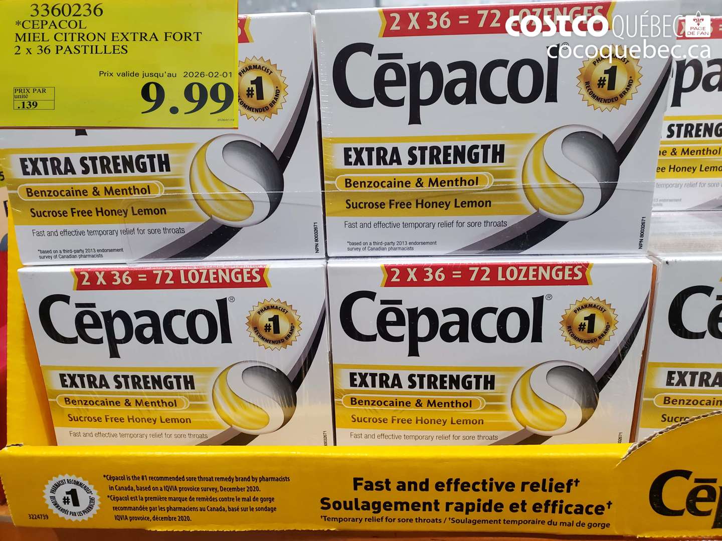 3360236 CEPACOL MIEL CITRON EXTRA FORT 2 x 36 PASTILLES (EXPIRES ON 2026-02-01) $9.99