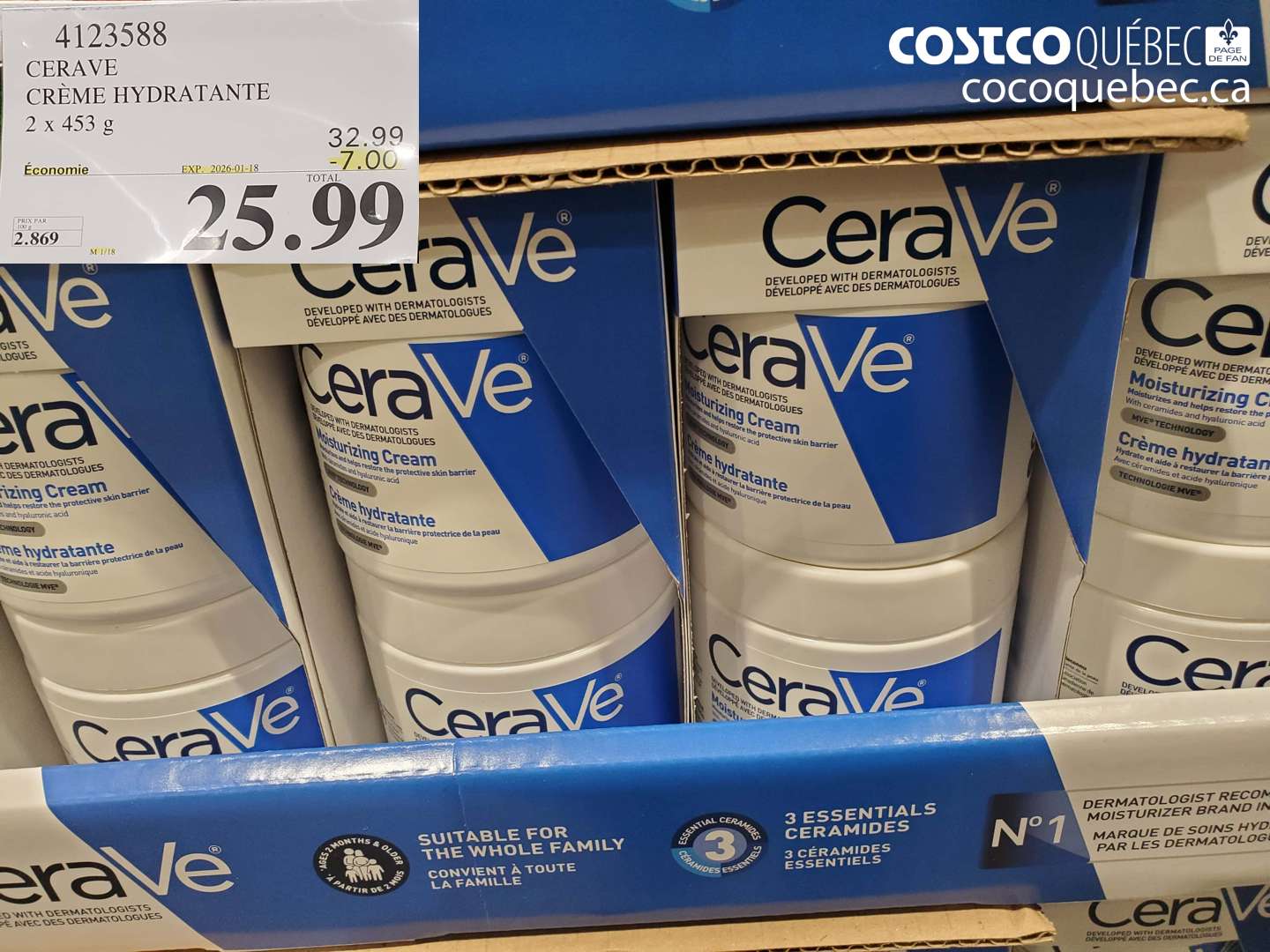 4123588 CERAVE CRÈME HYDRATANTE 2 x 453 g ($7.00 INSTANT SAVINGS EXPIRES ON 2026-01-18) $25.99