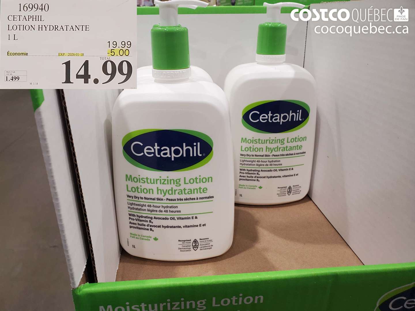 169940 CETAPHIL LOTION HYDRATANTE 1 L ($5.00 INSTANT SAVINGS EXPIRES ON 2026-01-18) $14.99