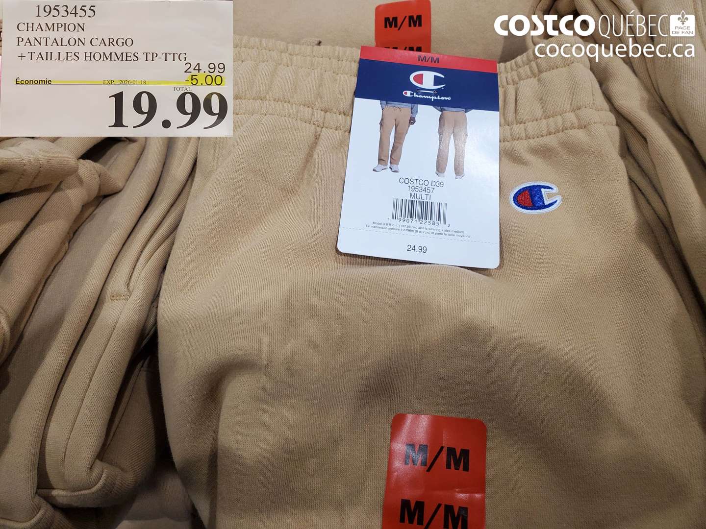 1953455 CHAMPION PANTALON CARGO+TAILLES HOMMES TP-TTG ($5.00 INSTANT SAVINGS EXPIRES ON 2026-01-18) $19.99