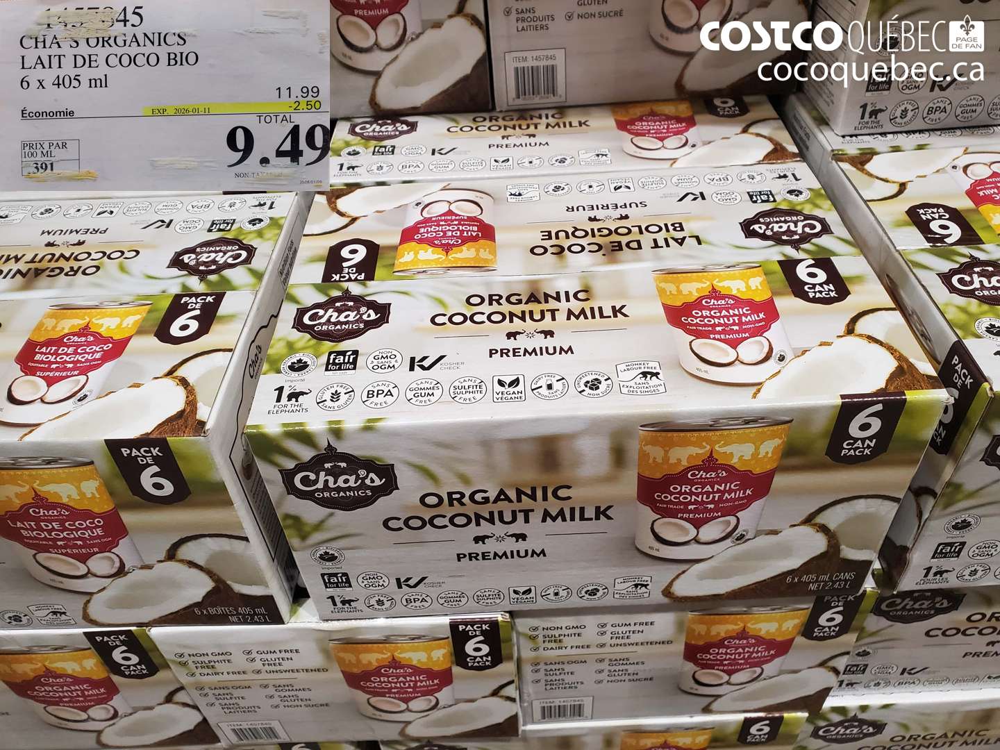 1457845 CHA'S ORGANICS LAIT DE COCO BIO 6 x 405 ml ($2.50 INSTANT SAVINGS EXPIRES ON 2026-01-11) $9.49