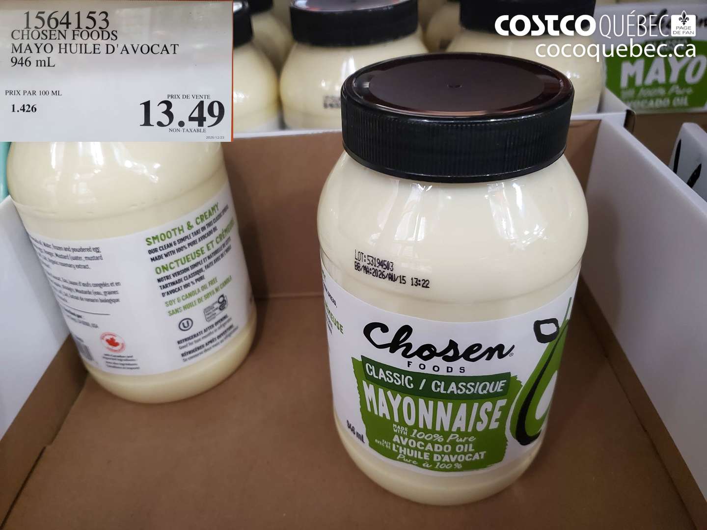 1564153 CHOOSEN FOODS MAYO HUILE D'AVOCAT 946 mL $13.49