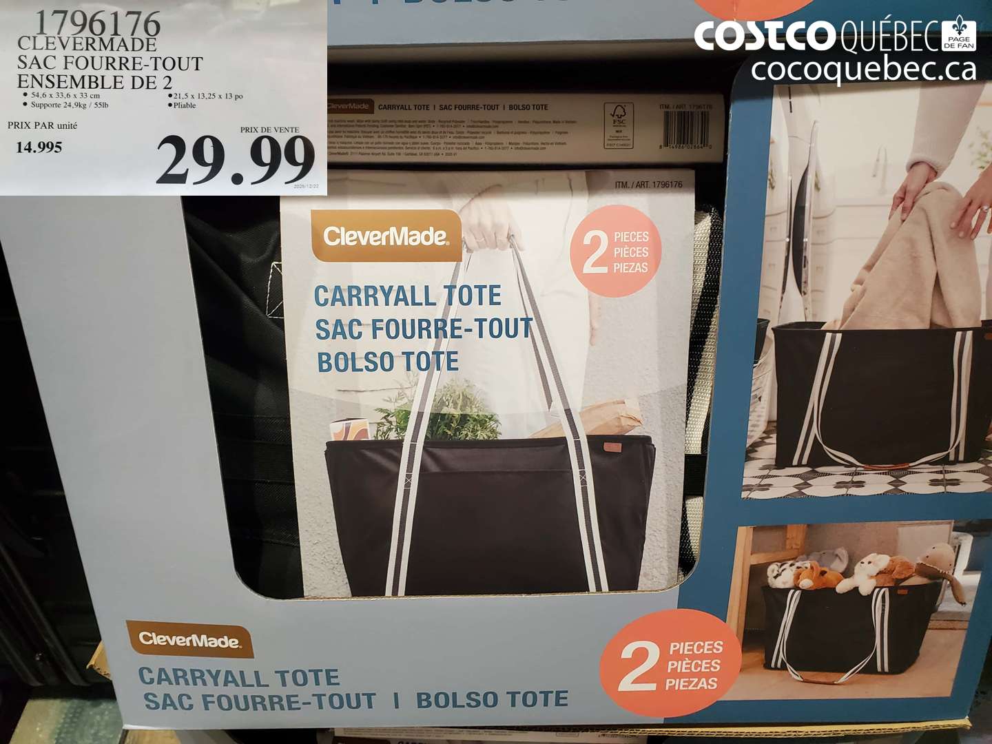 1796176 CLEVERMADE SAC FOURRE-TOUT ENSEMBLE DE 2 $29.99