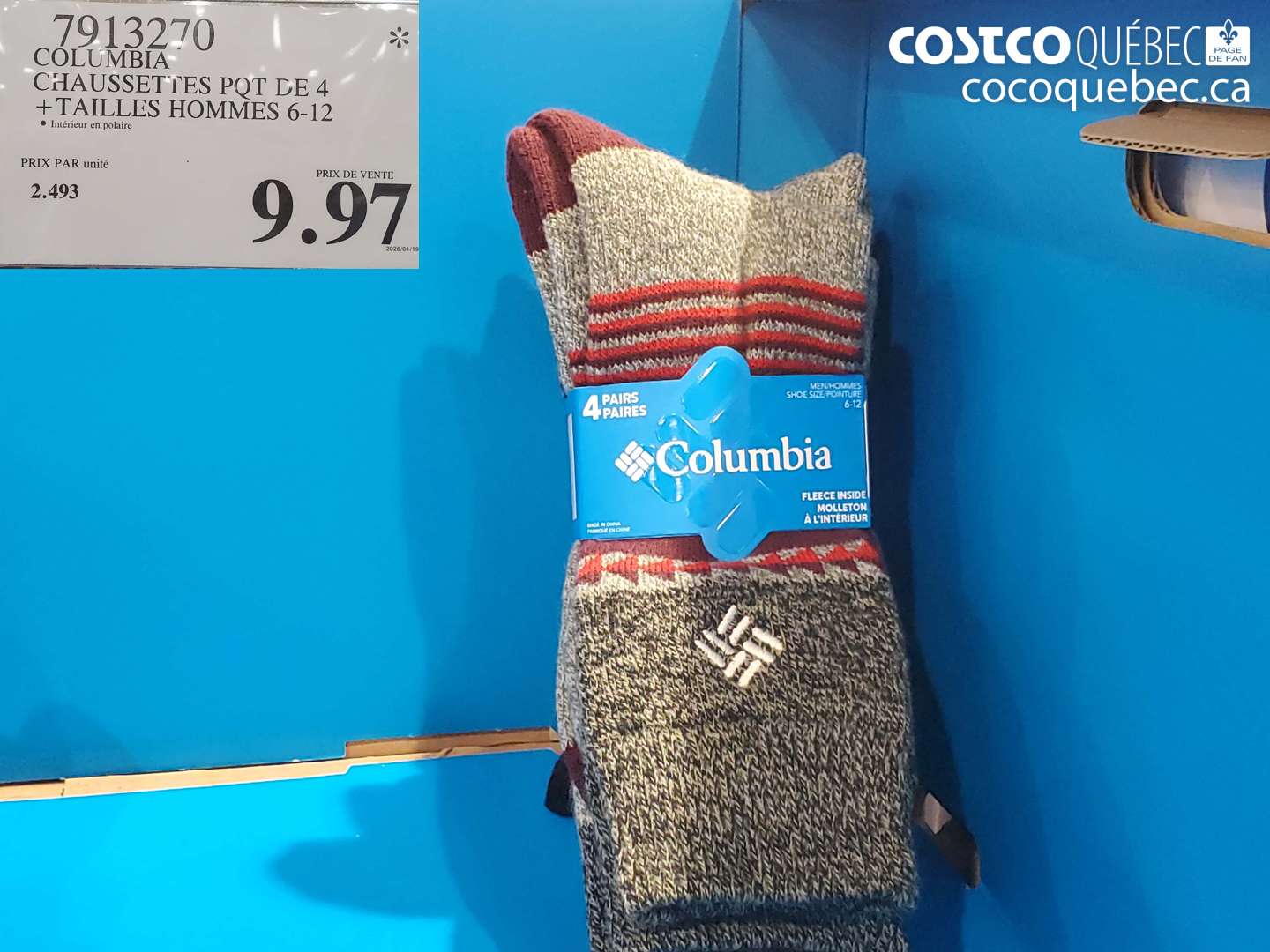 7913270 COLUMBIA CHAUSSETTES POT DE 4 + TAILLES HOMMES 6-12 $9.97