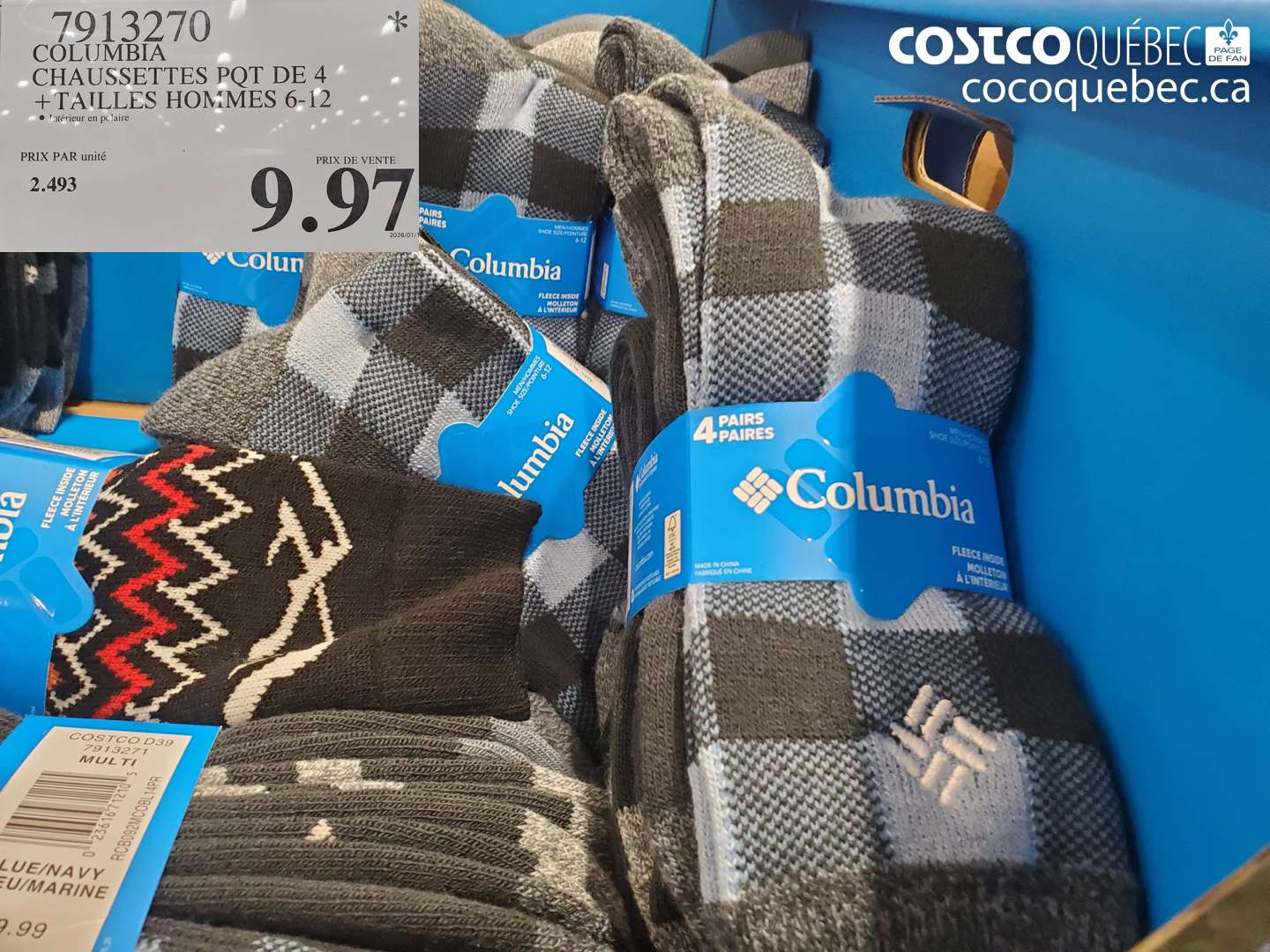 7913270 COLUMBIA CHAUSSETTES PQT DE 4 +TAILLES HOMMES 6-12 $9.97
