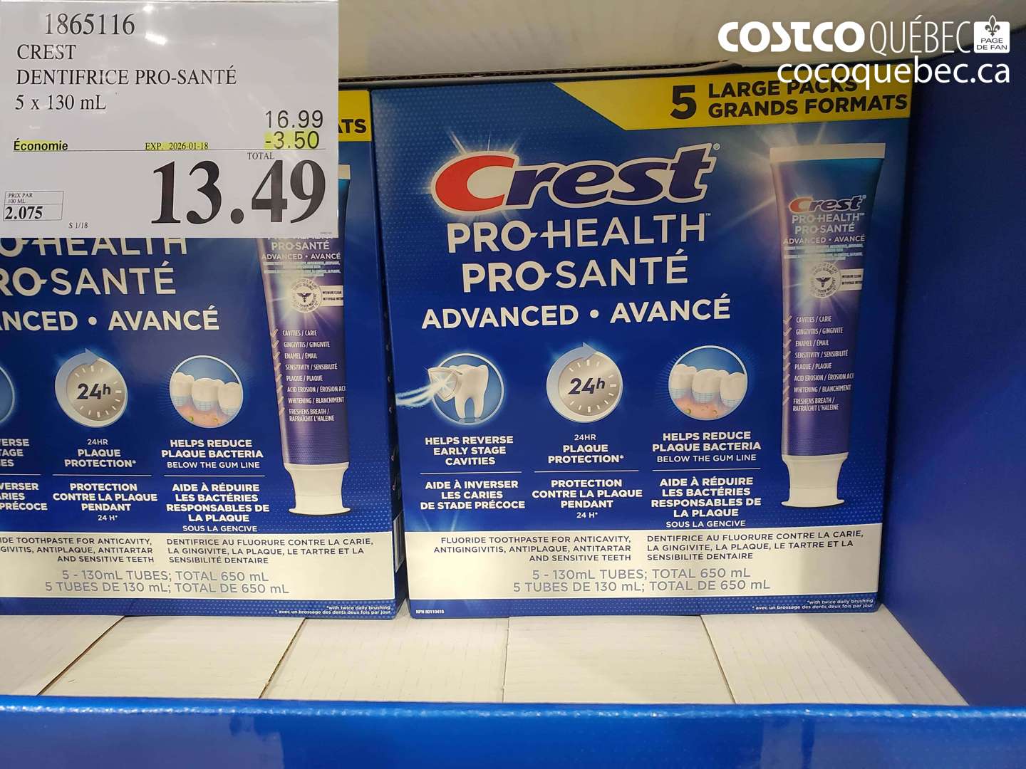 1865116 CREST DENTIFRICE PRO-SANTÉ 5 x 130 mL ($3.50 INSTANT SAVINGS EXPIRES ON 2026-01-18) $13.49